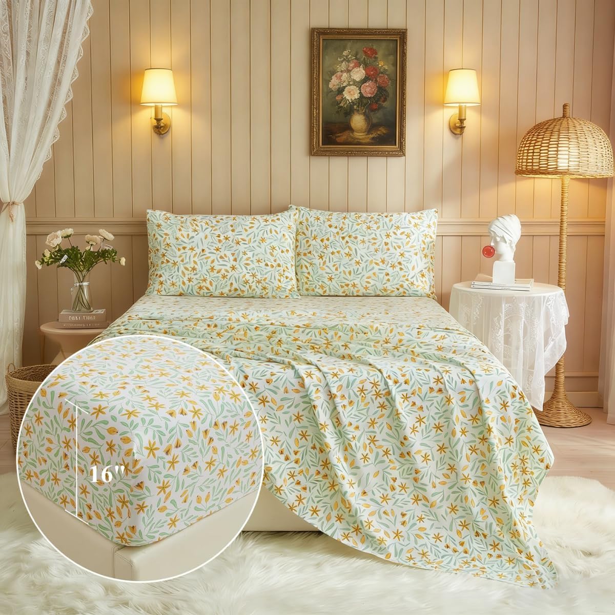 Yellow Floral 3 Piece Twin Size Sheets Set - 16" Extra Deep Pocket Cooling Luxury Soft, Wrinkle & Shrink Resistant with Flat/Fitted Sheet + 2 Pillowcases