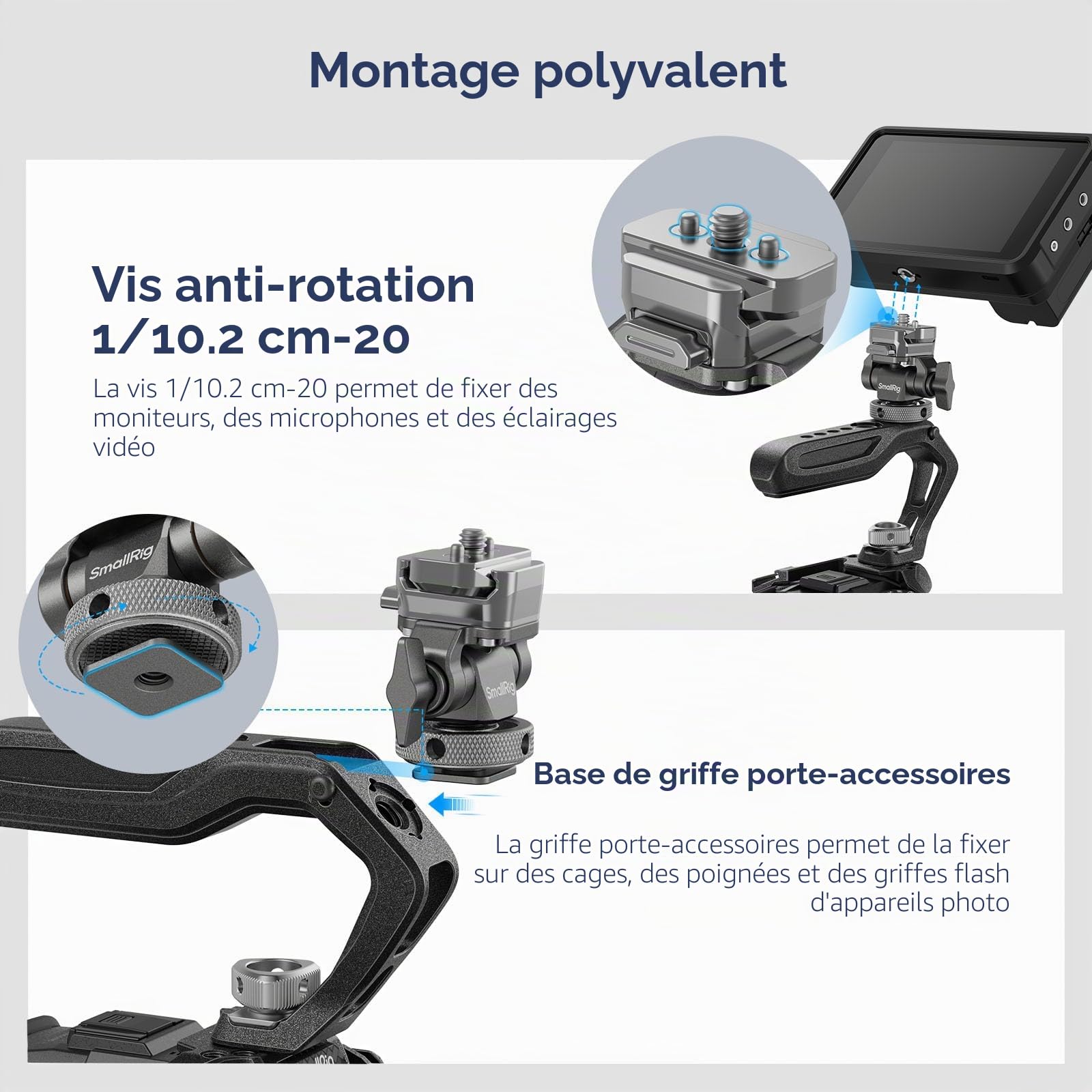 SMALLRIG HawkLock H21 Support de moniteur à dégagement rapide avec griffe froide, pivotant et inclinable réglable