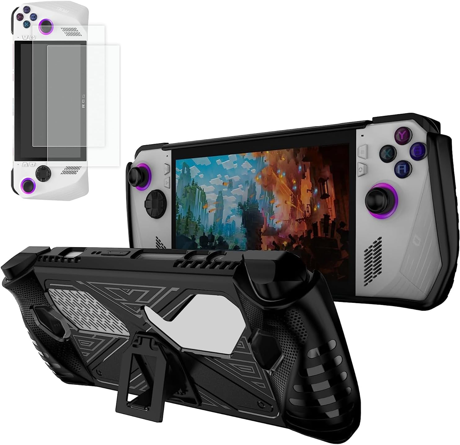[1+2]Case for R-o-g A-l-ly with Kickstand and 2 Screen Protector,TPU Protector Case Cover Skin with Foldable Stand for R-o-g A-l-ly Game Handheld 2023, Shockproof Non-Slip (Black)