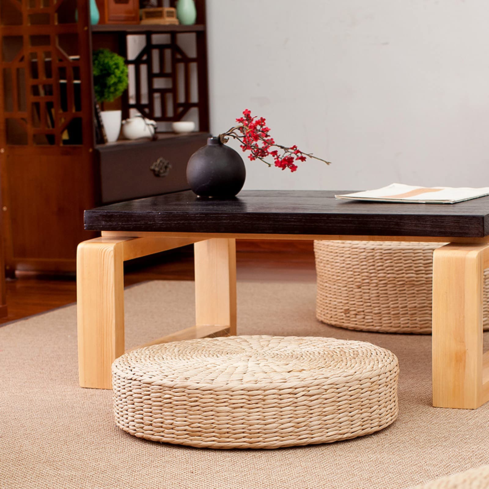 2x Tatamo 40x40cm, Cuscini Da Pavimento Rotondi, Tappetini per Pavimento in Paglia per Esterni, Tappetino Tatami Giapponese, Tatami Pouf Mat per Sedie, Pavimenti, Sedie Pranzo, Divano