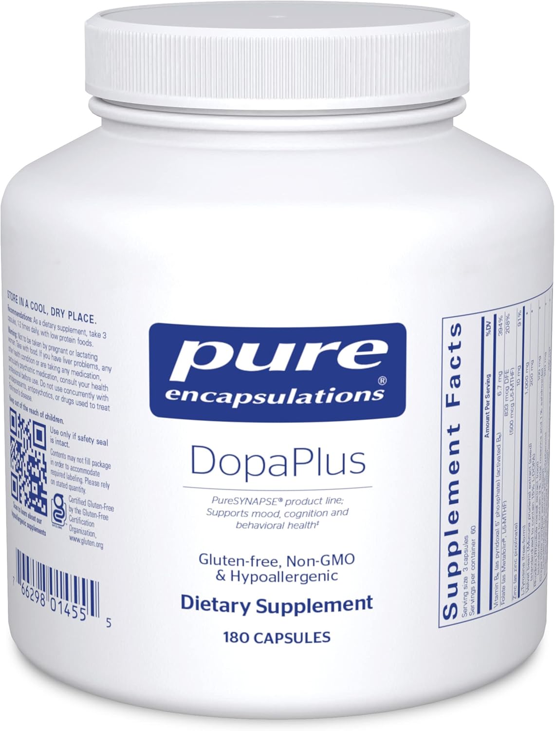 Pure Encapsulations DopaPlus - Supports Dopamine Production - for Daily Brain Function - with Folate, Vitamin B6 &amp; L-5-MTHF - Non-GMO &amp; Vegan - 180 Capsules