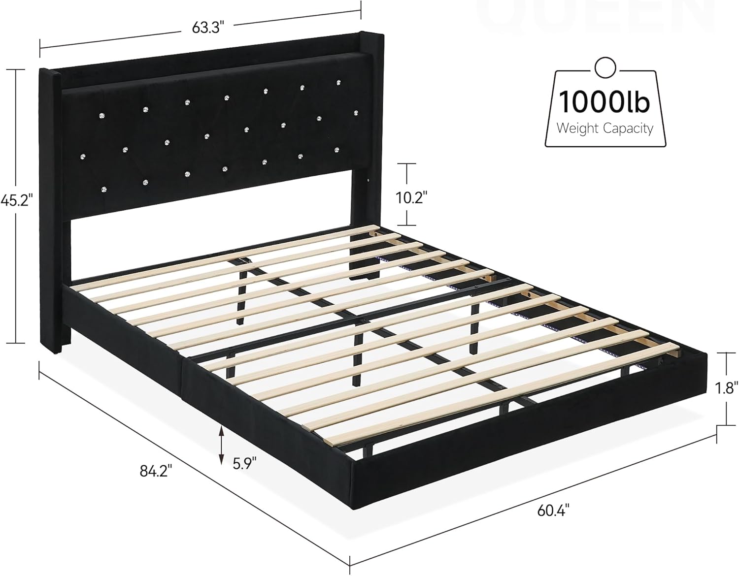 Diagram showing dimensions of the GarveeHome Queen Size Bed Frame