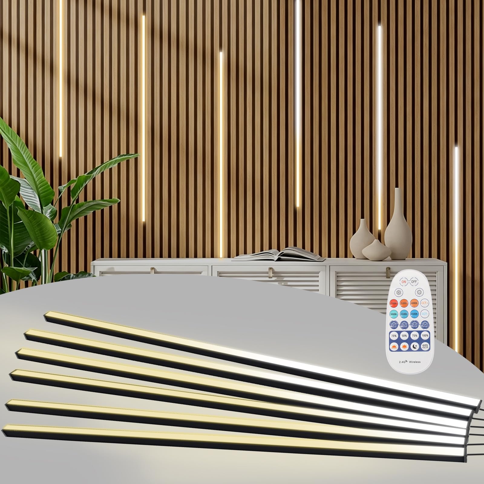 6 x 90 cm LED do paneli akustycznych, 3 regulowane kolory światła, listwa LED, oświetlenie 2700-6500 K, panele akustyczne, aplikacja i pilot zdalnego sterowania, samoprzylepna listwa świetlna