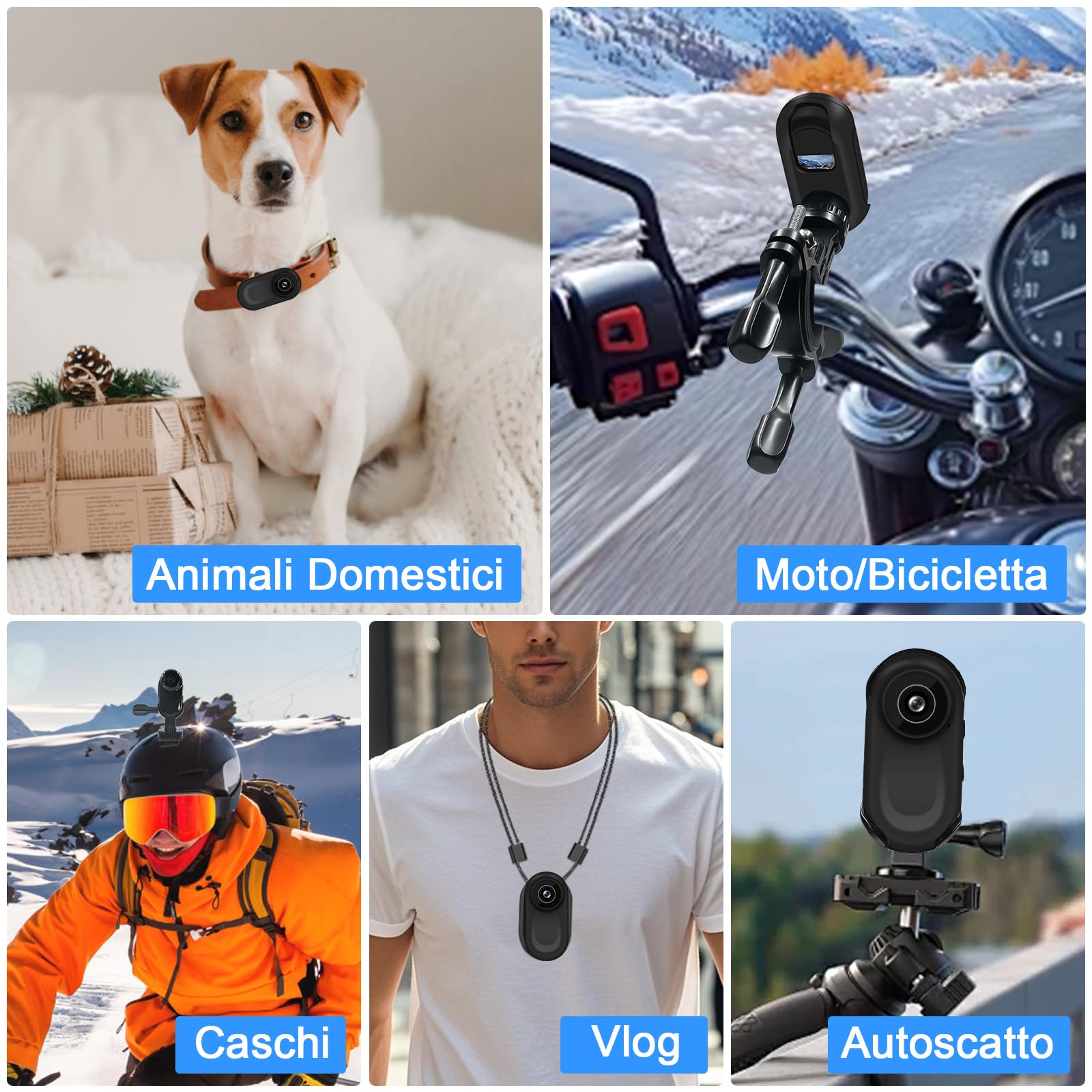 Action Camera 1080P, Fotocamera Sportiva Mini con Visione Notturna 150°, Telecamera Sportiva Magnetica IPX4, Kit Accessori per Casco/Bici/Moto, Schermo LCD + Gancio 360° Per esterni e vlog
