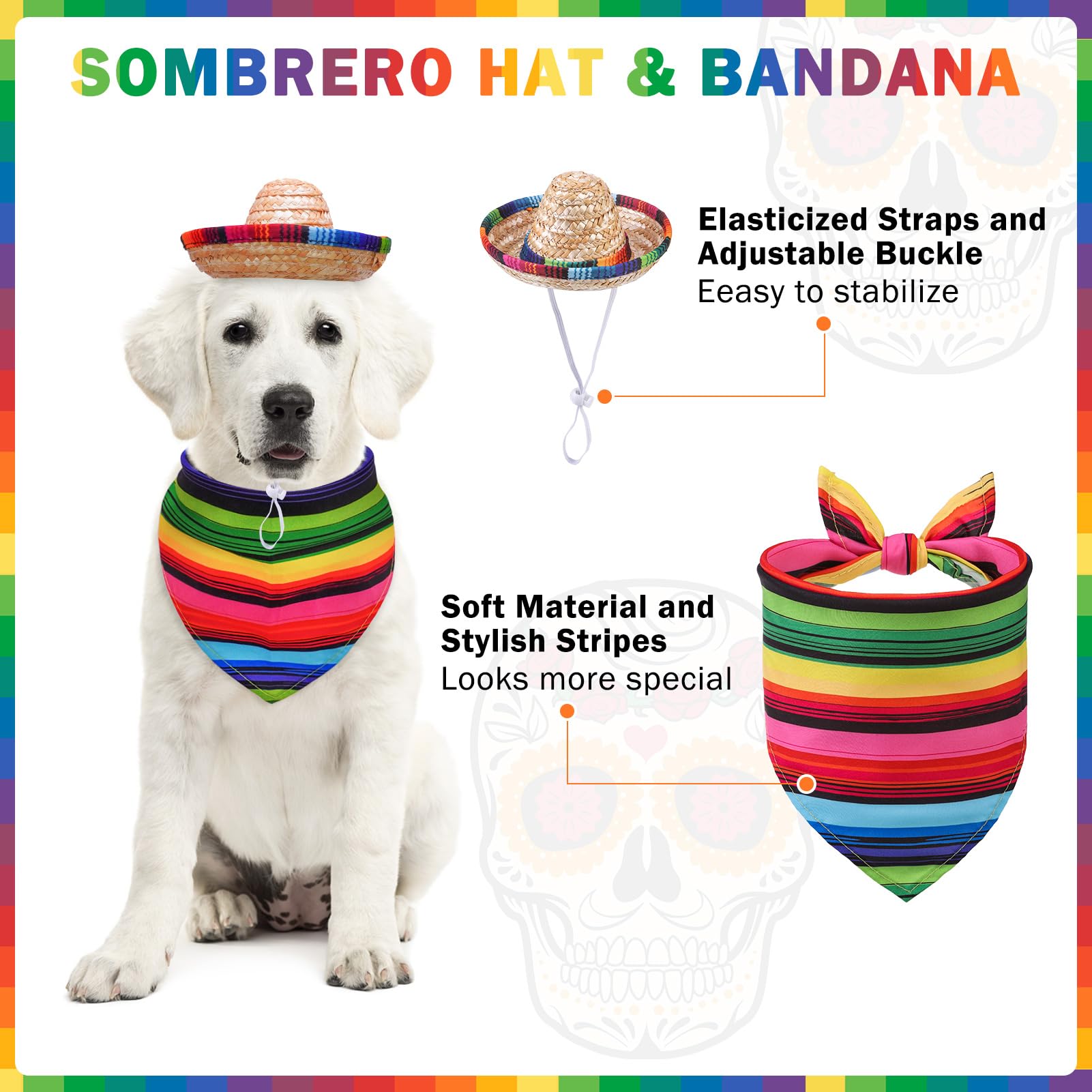 SCENEREAL Set costume di Halloween per cane, cucciolo messicano, gattino festivo, cappello a bandana con mantello, set da 3 pezzi, taglia S