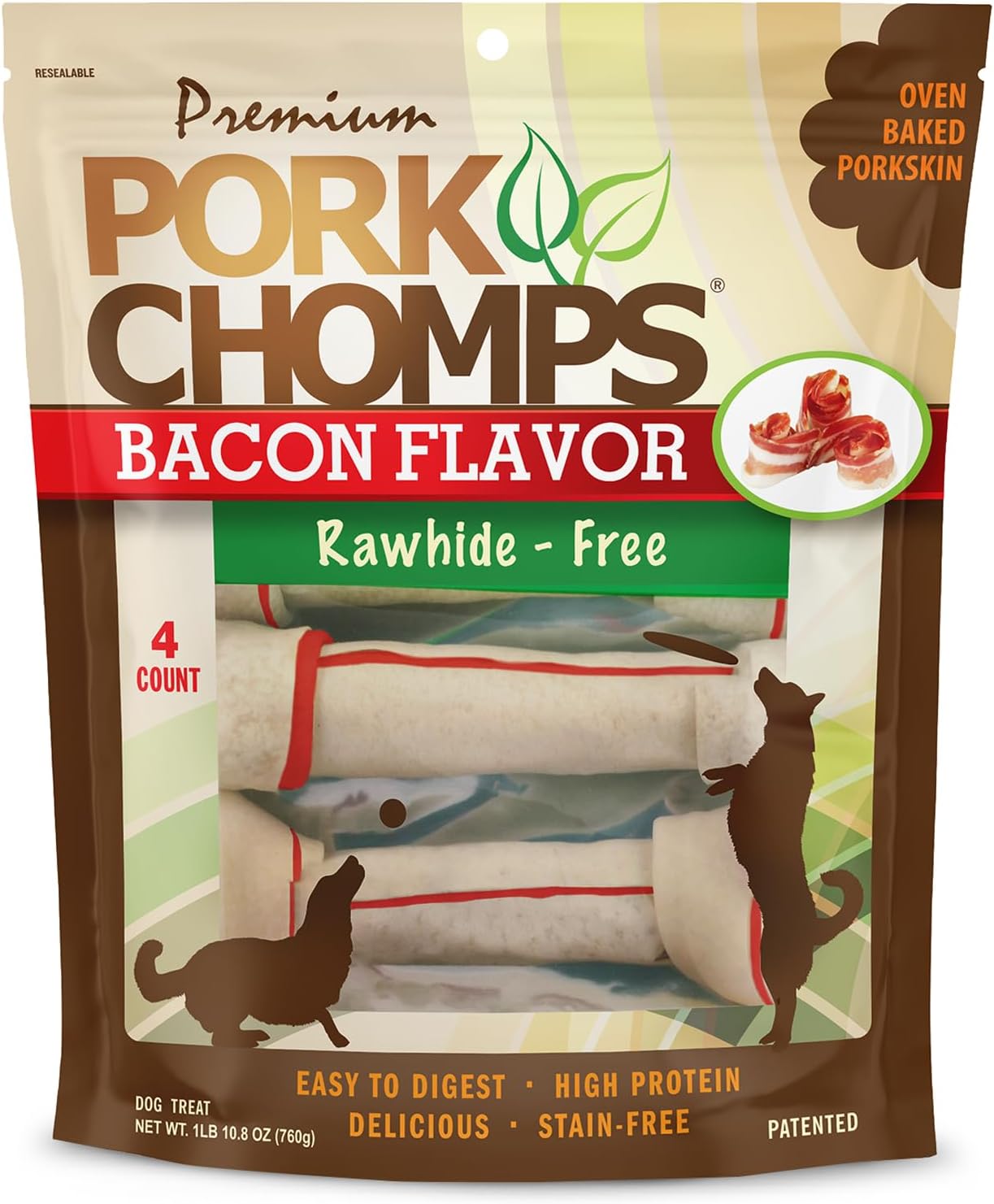 Pork Chomps Baked Pork Skin Dog Chews, 11 Inch Knots, 4 Count, 1 Pack, Bacon Flavor - Long-Lasting Treats for Dogs - High Protein, Rawhide-Free, Low Fat, Healthy & Delicious Chews
