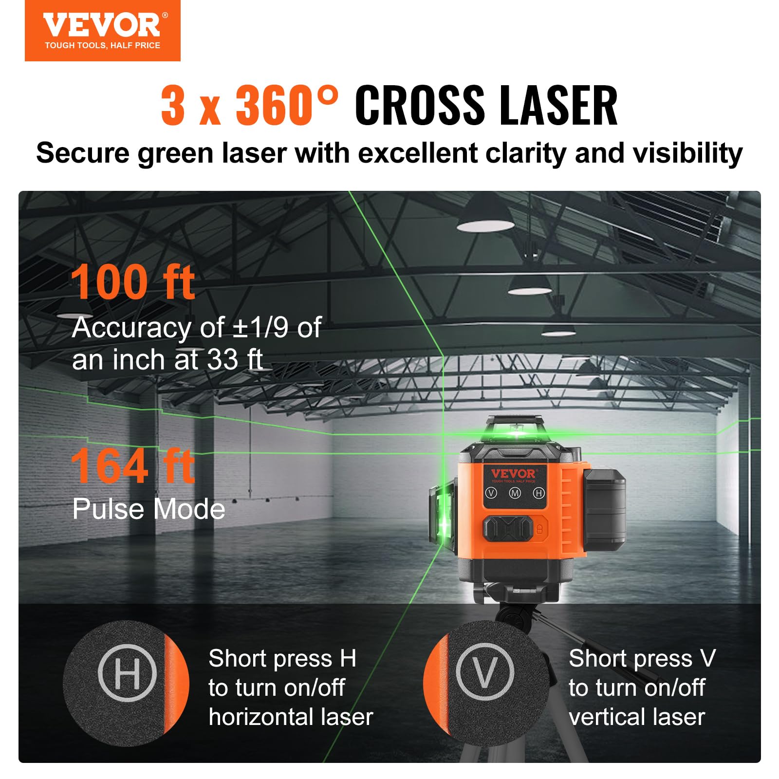 VEVOR Laser a linee incrociate, 30 m, laser autolivellante, 520 nm ± 10 nm, lunghezza d'onda laser da costruzione ± 0,28 cm a 10 m, laser a croce ± 3° 8 ore, tempo di lavoro continuo con batteria al