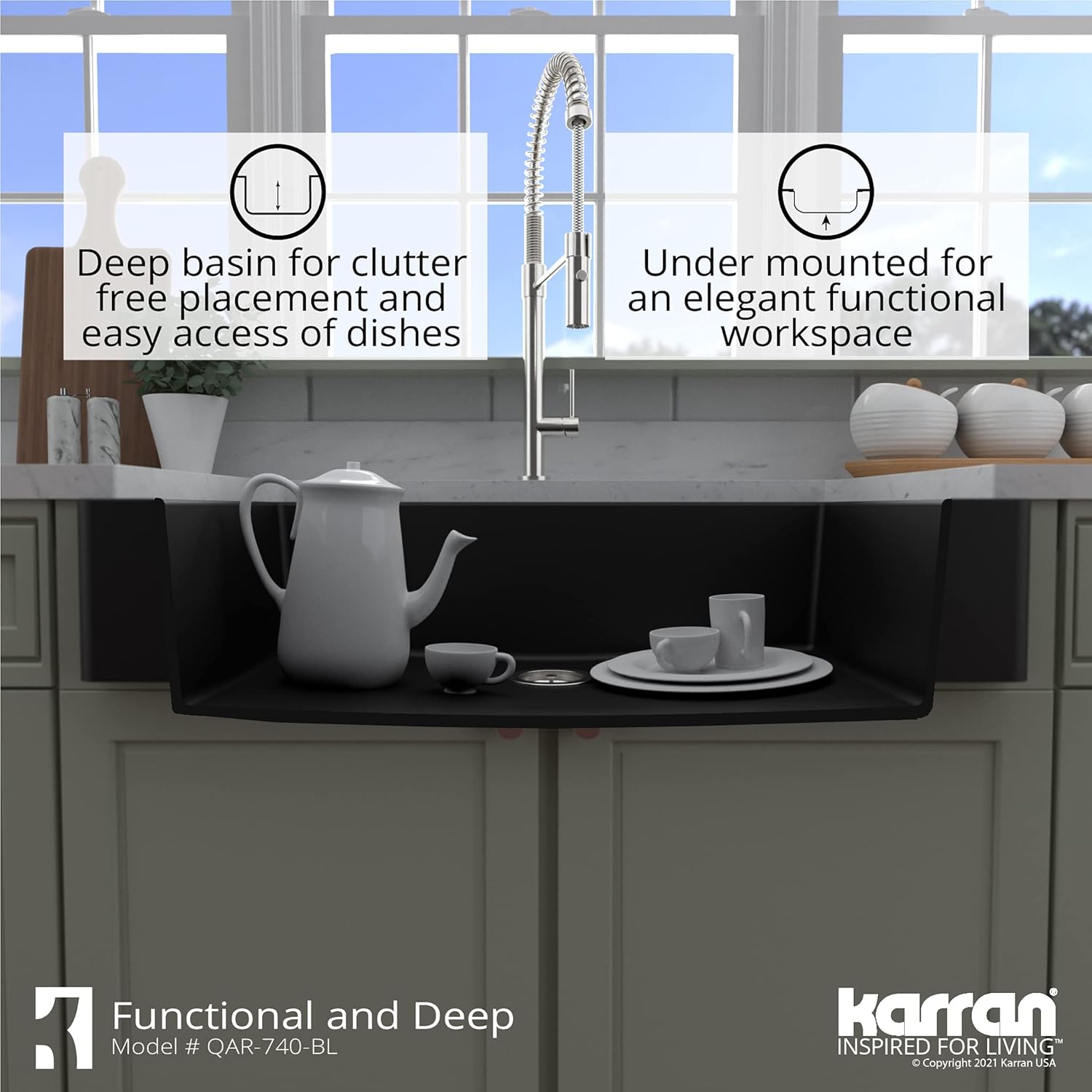 Karran QAR-740 Retrofit Farmhouse/Apron-Front Quartz Composite 34 in. Single Bowl Kitchen Sink Kit in Black