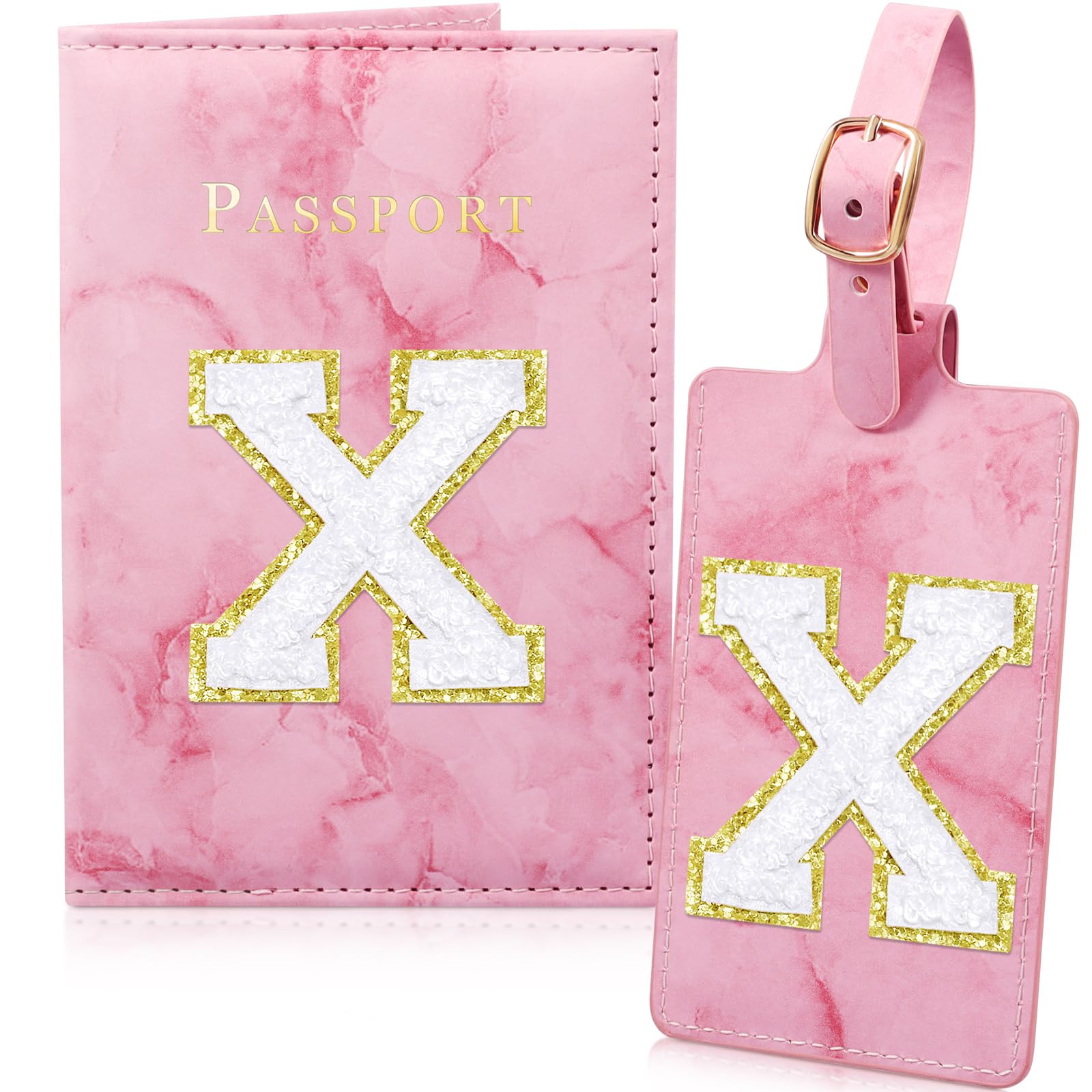 Pink Passport Cover Cute Passport Book Holder for Travel Luggage Tag Set with Initial Monogram Letter Marble Airplane Travel Essentials Personalized