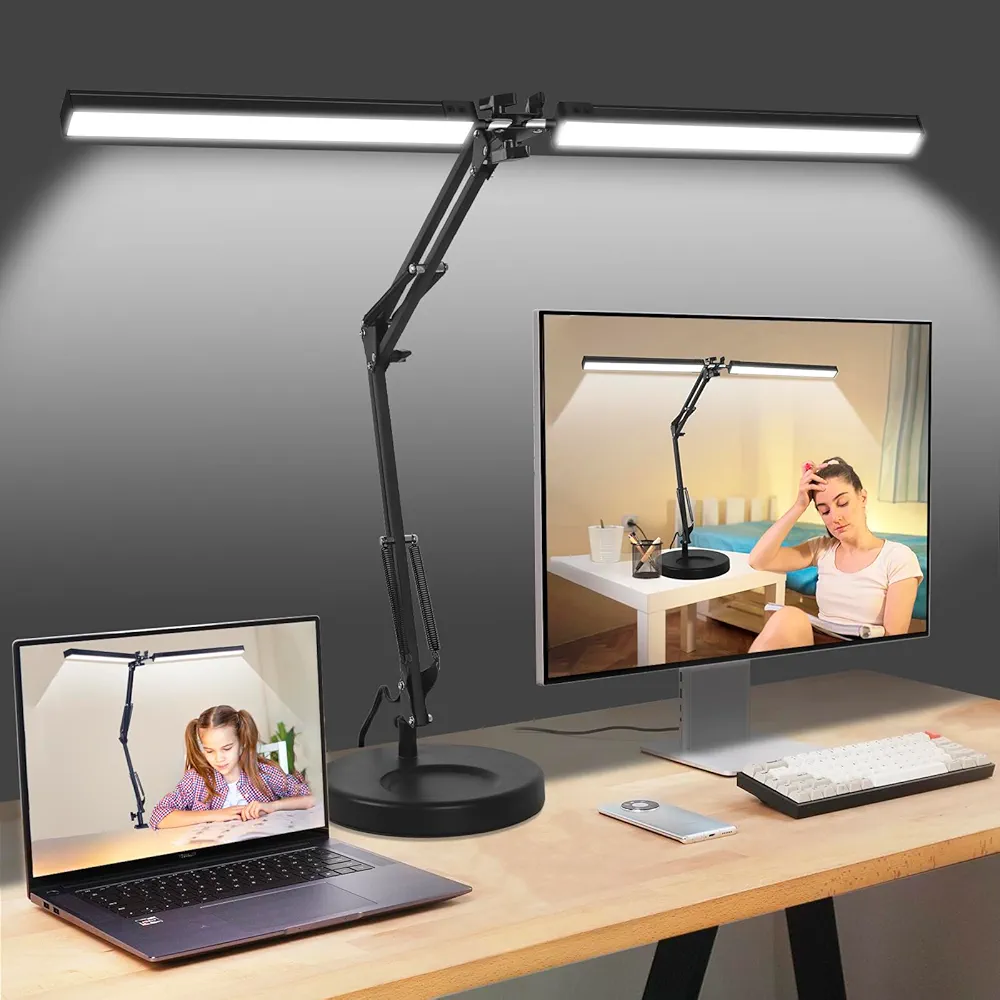 NOEVSBIG Lampe de bureau LED, 2 en 1 avec protection des yeux et lampe à clip, 3 modes de couleur et intensité variable en continu, lampe de lecture réglable avec fonction mémoire