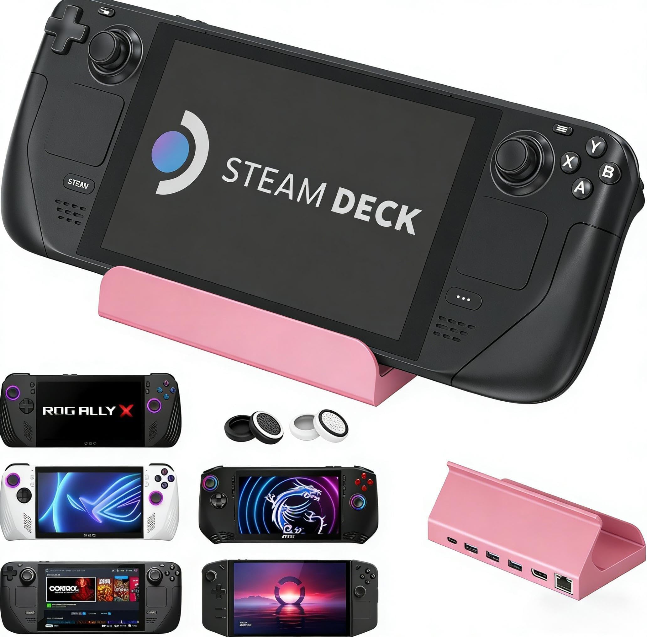 ROG Ally X (2025)/ROG Ally Dock, 8-in-1 Docking Station 4K@144Hz for ASUS ROG Ally X/Valve Steam Deck OLED/Legion Go 2/S, HDMI 2.1, 1Gbps Ethernet, 3*USB-A 3.0, 100W Charge, Pink