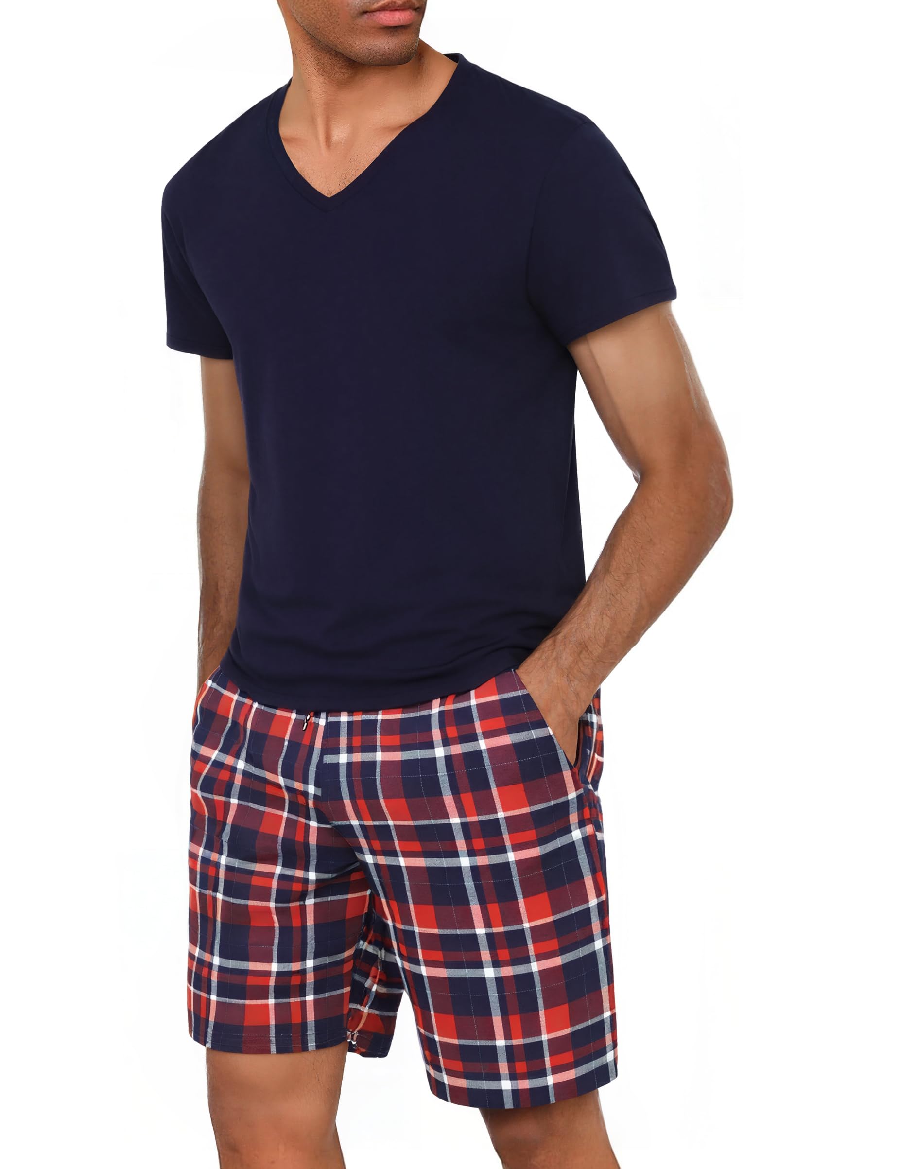 Bresdk Kurzer Herren-Pyjama aus Baumwolle, kurzärmelig, Set aus kurzen Pyjamas, für den Sommer, Hemden und Hosen, weich und bequem