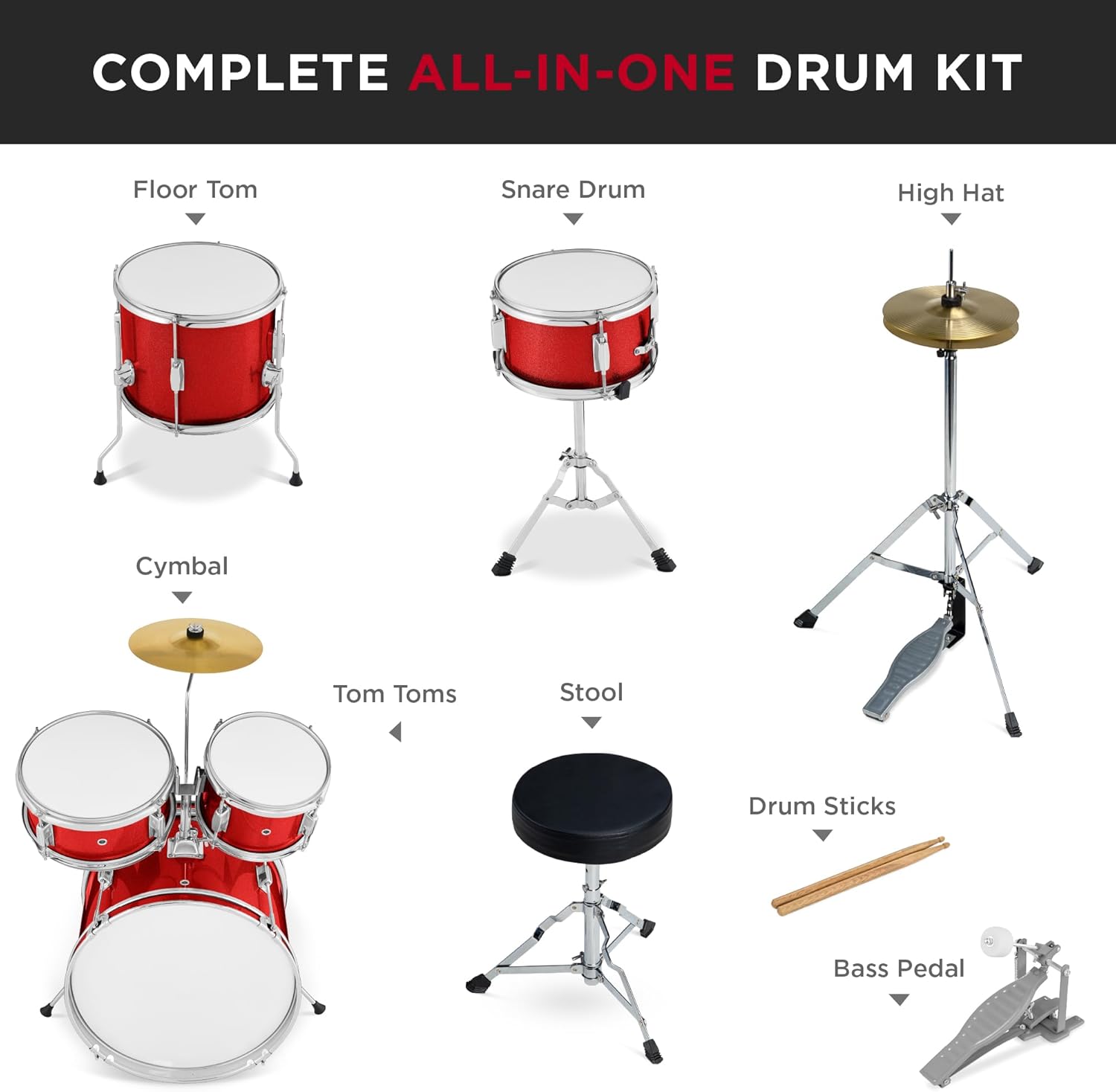 Best Choice Products Kids 5-Piece Beginner Drum Set Junior Kit, Starter Percussion w/Cymbals, Pedal, Toms, Snare, Drumsticks, Stool - Red Sparkle