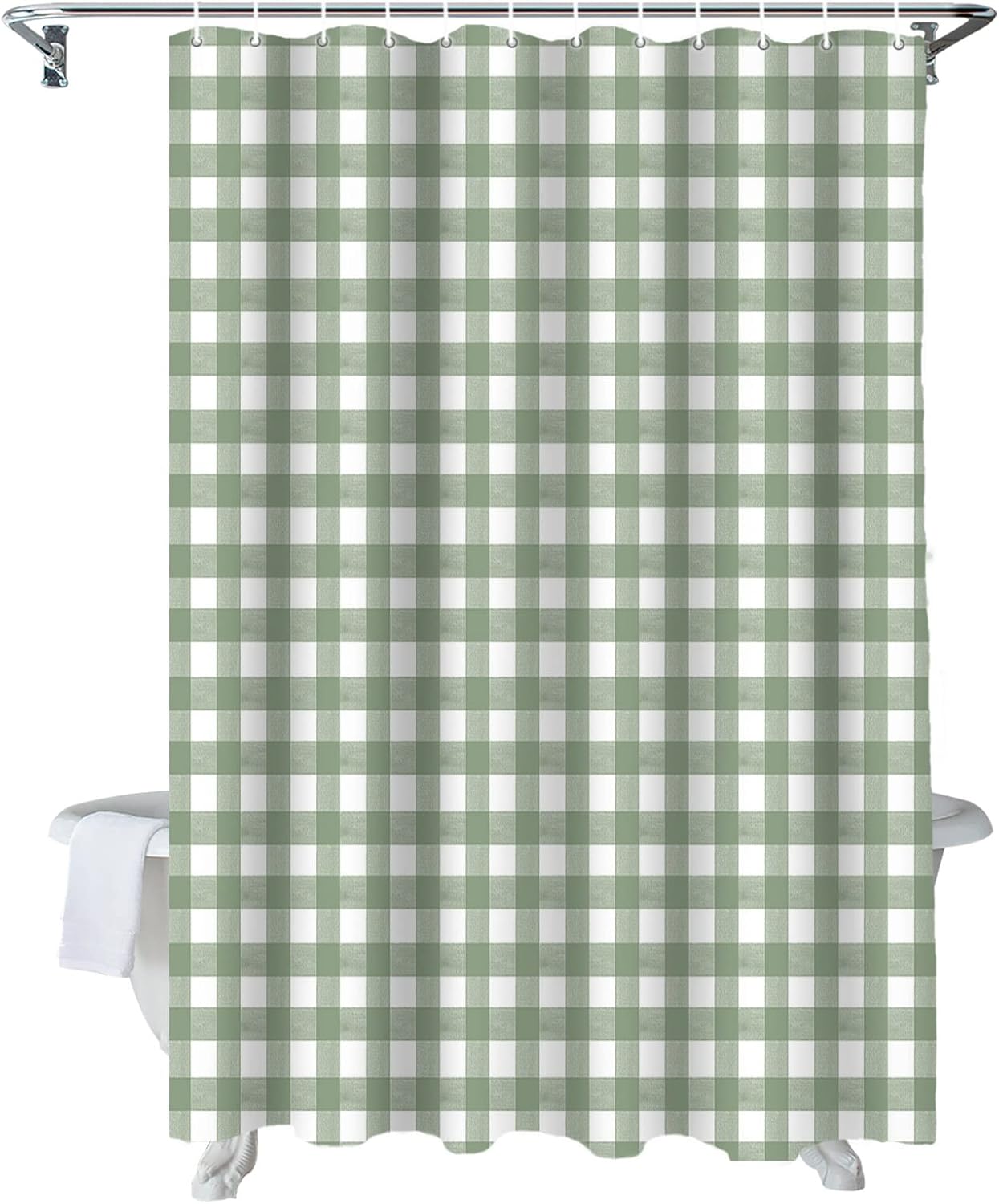 Sage Green Buffalo Plaid Shower Curtain with 12 Hooks Farmhouse Green White Checkered Waterproof Fabric Shower Curtains Sets for Bathroom Bath Decorations, Machine Washable, 66"x72"