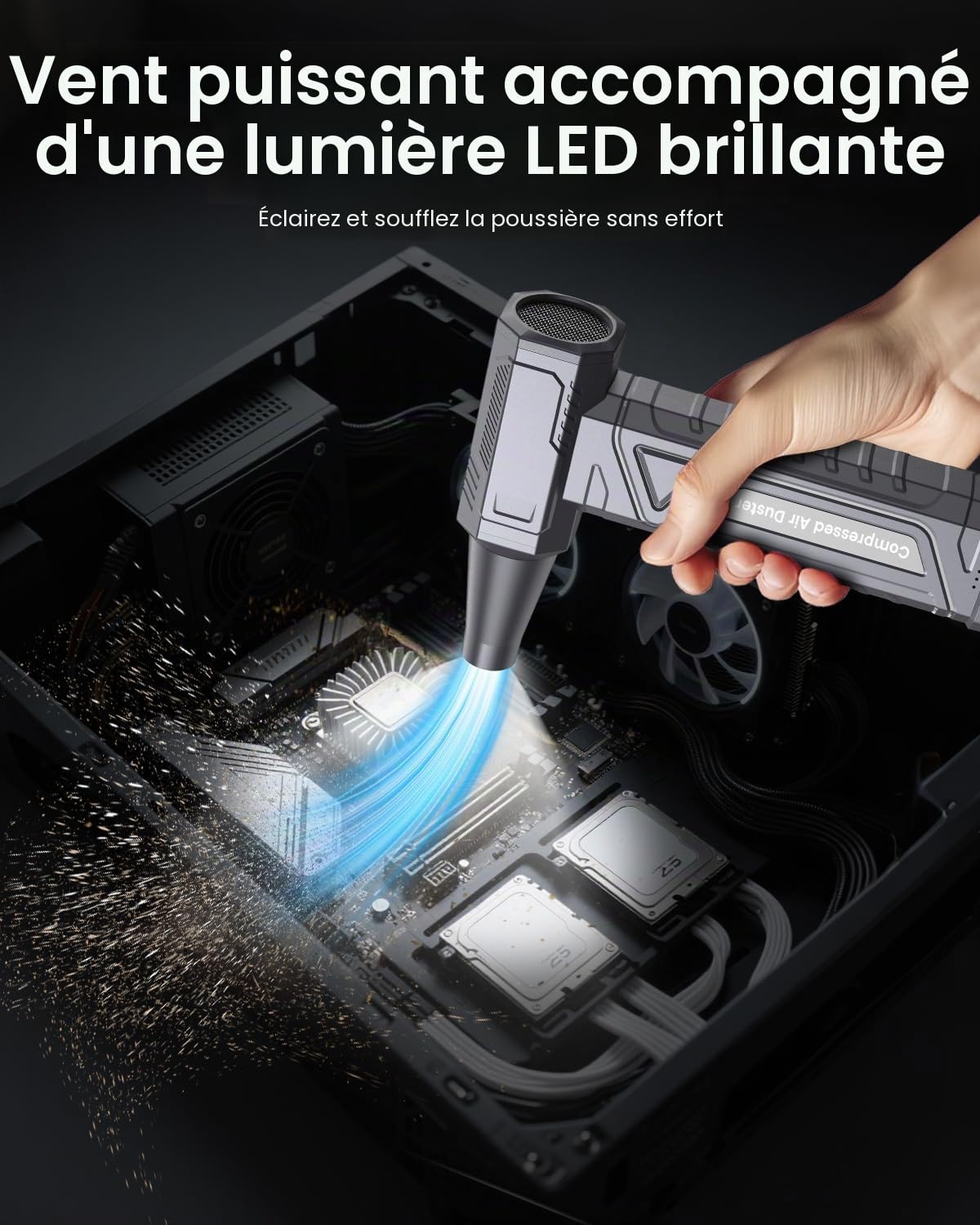 Souffleur Air Comprimé 4 Vitesses Souffleur PC - Air Duster 200000 RPM avec Lumière LED, Mini Souffleur Voiture 6000 mAh, Air Comprimé Bombe Air Sec Nettoyage PC Clavier Électronique, W18, Argenté