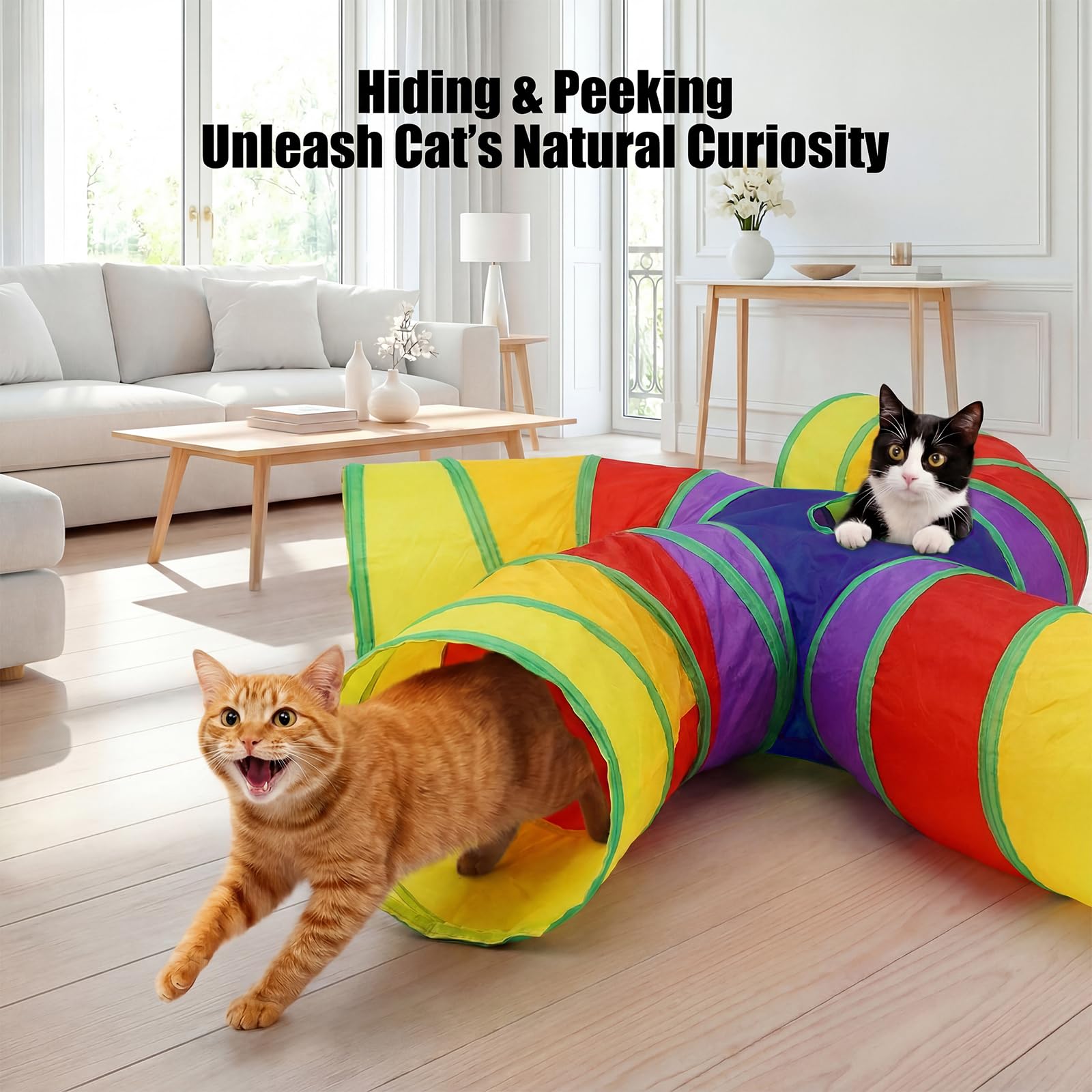 Bemodst Tunnel pour Chat d'intérieur, 2 Voies, 3 Voies, 4 Voies, 5 Voies, 5 Voies, Tubes et Tunnels Pliables en Forme de S pour Petits Animaux, Labyrinthe interactif pour Chaton, Lapin (5 Voies