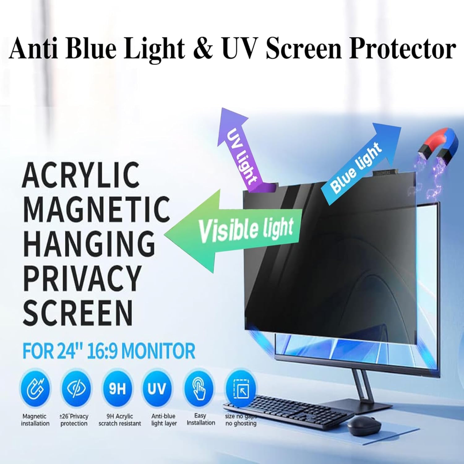 24 Inch Magnetic Display Privacy Filter Removable Anti Glare & Blue Light Blocking Screen Protector, Hanging Shield for 16:9 Monitors