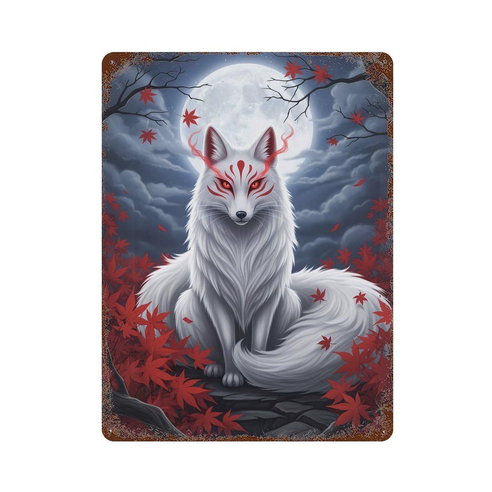 Rust Effect Majestic-Kitsune-Under-Full-Moon Rusty Metal Tin Sign 15.7"x11.8", Farmhouse Wall Decor for Cafe, Home Bar And Lounge Decor