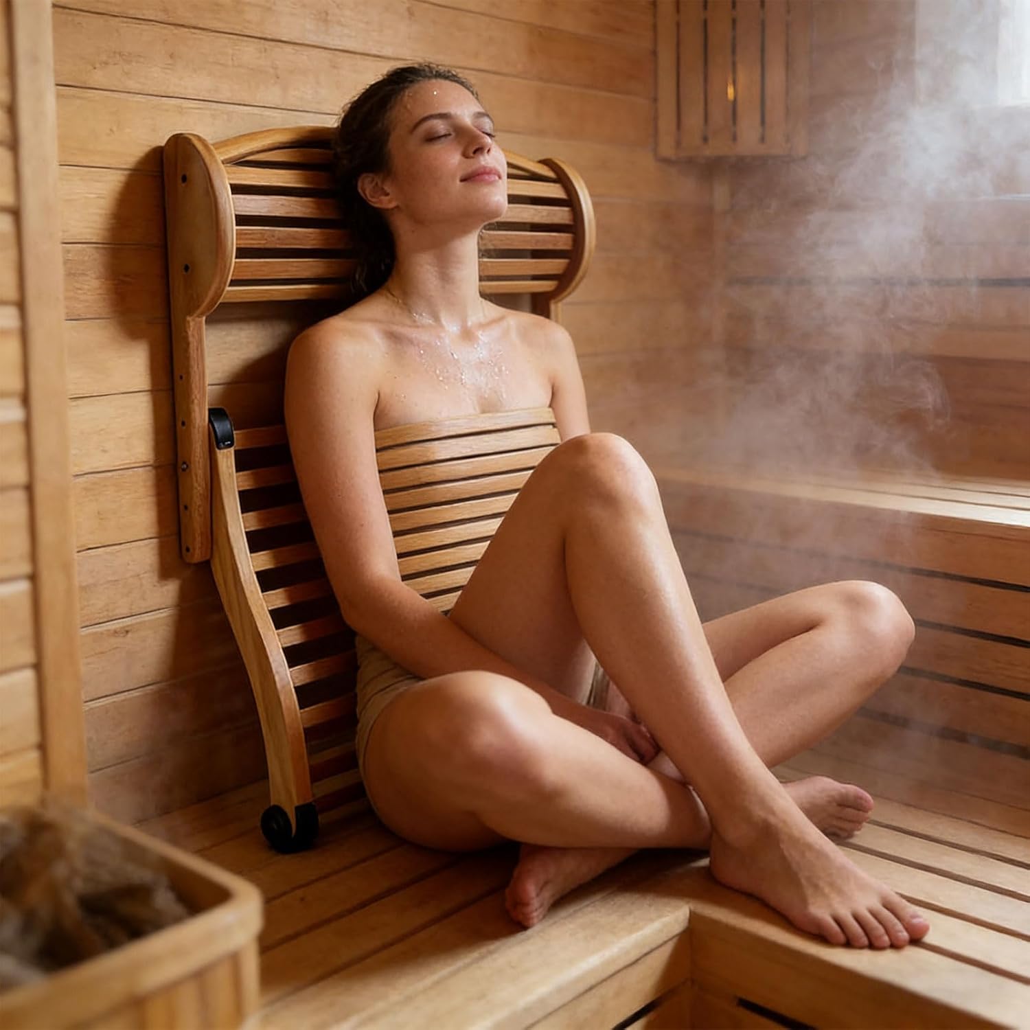 Backrest Added Adjustable Neck,Pillow Accessories Sauna Back Rest,for Steambath Use Space Saving Thin and Neat Practical Natural Wood(18 Slats)