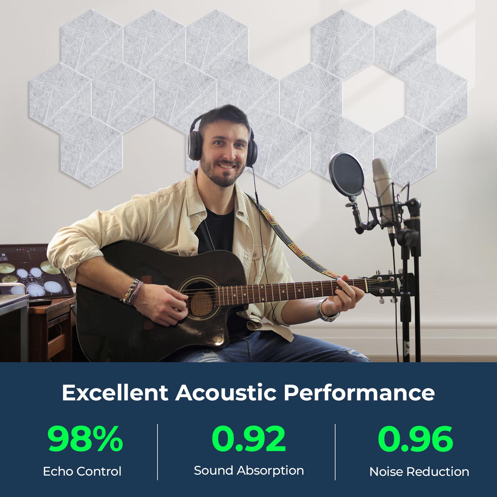 Paquete de 12 paneles acústicos hexagonales – Paneles de pared insonorizados de alta densidad, paneles de pared acústicos autoadhesivos de 12 x 10 x 0.4 pulgadas para el hogar, estudio, oficina