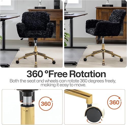 Miniatura 4 de HomVent Silla de escritorio peluda para el hogar con patas de metal similares a la madera, cómoda silla de maquillaje de piel sintética, bonita