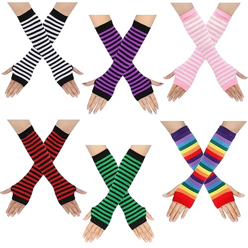 YWKJDDM Striped Arm Warmers Long Fingerless Gloves for Women, 6 Pairs Arm Sleeves Warmers Autumn Winter Accessories for Women
