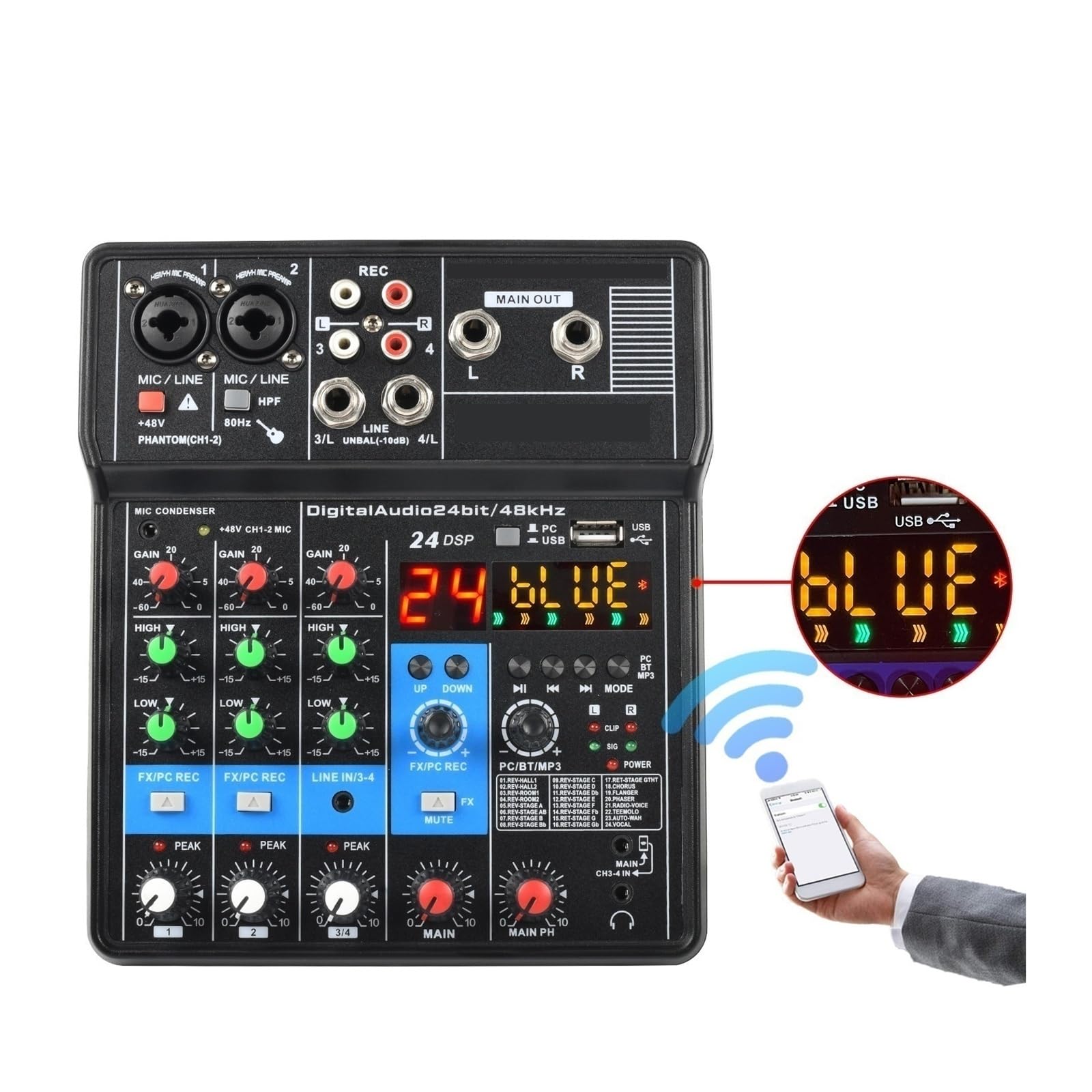 Mélangeur audio, Mixeur audio 4 canaux, fonction Bluetooth, 24 effets, USB, ordinateur, enregistrement, lecture, diffusion en direct, console de mixage