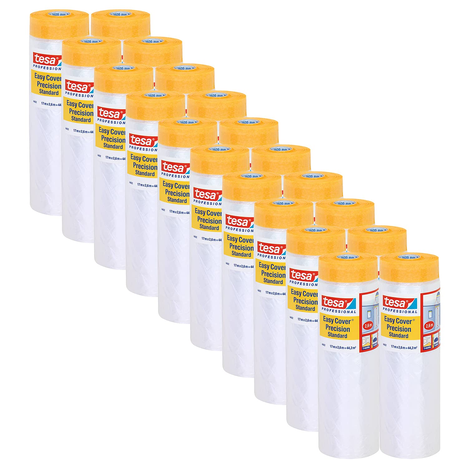 tesa Easy Cover 4402 Precyzyjny standard - opakowanie 20 szt. - folia malarska z taśmą malarską do naklejania i przykrywania - 2 w 1 taśma klejąca z folią - bezbarwna - każda 17 m x 2,6 m