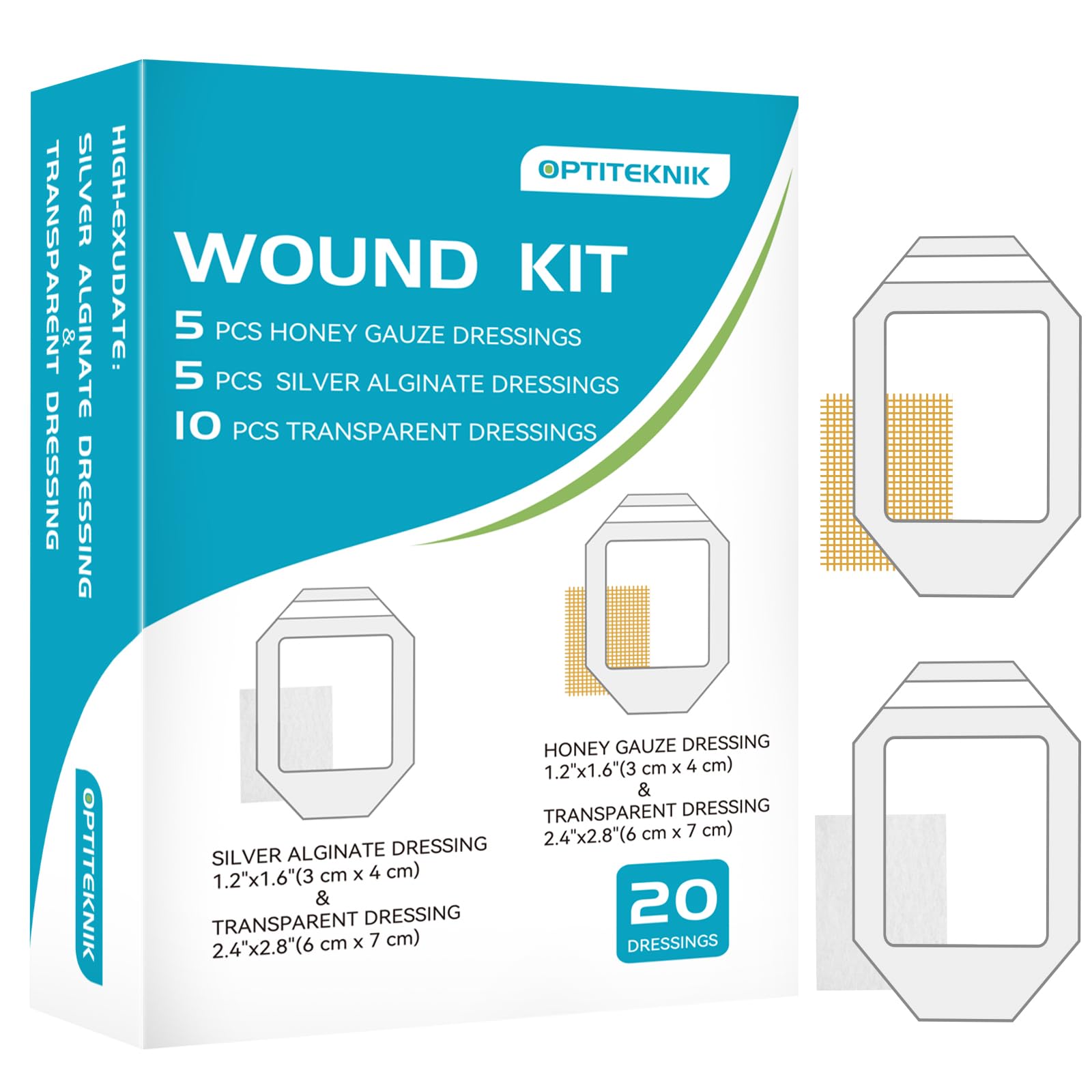 OPTITEKNIK Manuka Honey Gauze Dressing 3x4cm 5pcs, Silver Alginate Dressing 3x4cm 5pcs, Waterproof Transparent Adhesive Bandage 6x7cm 10pcs, Wound