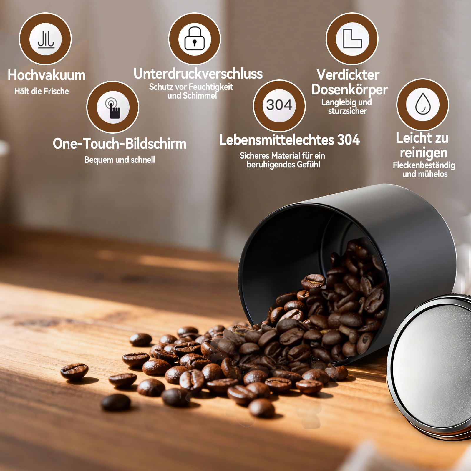 Smart Jar 1800ml 500ml Auto-Vakuum-Kaffeedose Ein-Klick Luftabsaugung Edelstahl für Kräuter, Pilze, Kaffee, Gewürze, Blumen, Luftdichte Aufbewahrung