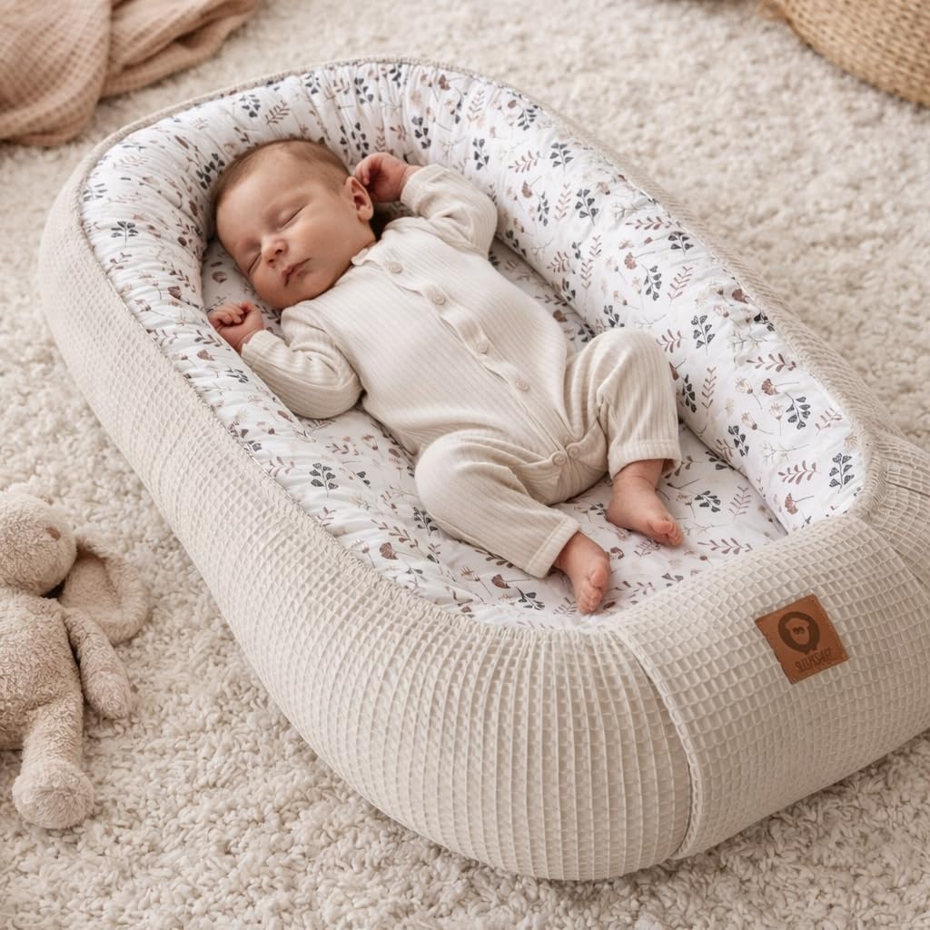 Babynest Nestchen Baby Set für Neugeborene – 5-teilig – Kuschelnest aus 100% Baumwolle & Waffelpique – Babykokon tragbar – für Babybett, Kinderbett & Kinderwagen – OEKO-TEX - Zweige und Sand