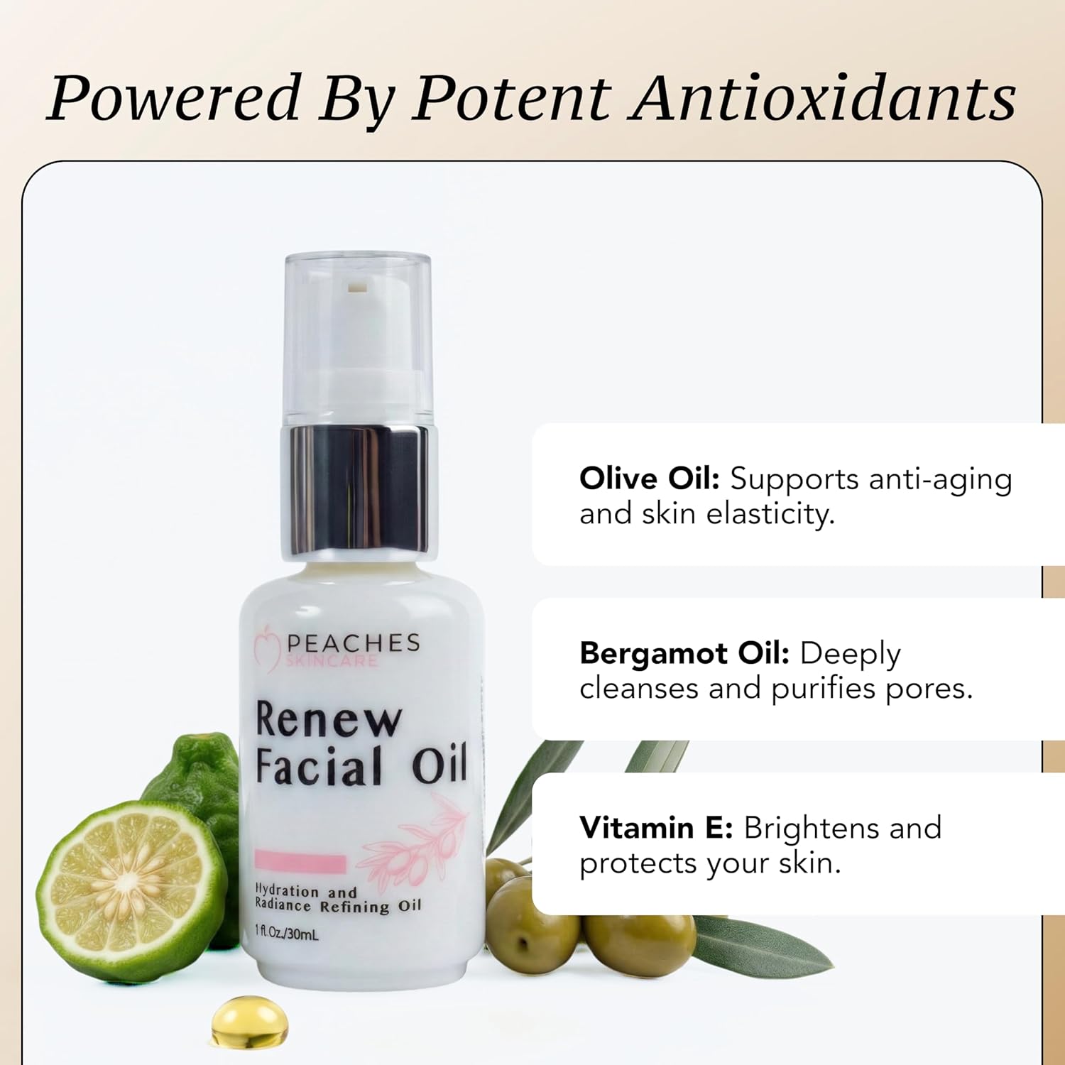 Peaches Skin Care Renew Facial Oil – Squalene-Rich Olive Oil for Face with Vitamin C and E – Nourishing Formula for Balanced, Smoother-Looking Skin – 1 oz