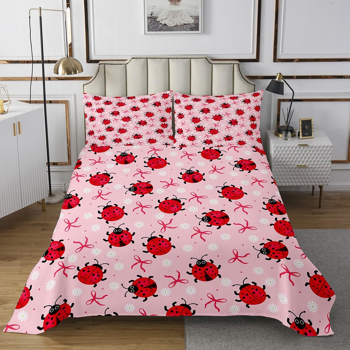 Red Ladybug Bedspread Queen Size,Daisy Flowers Bedding Sets 3Pcs for Kids Girls Boys Women Room Decor,Botanical Animals Comforter Set Cartoon Hippie Style Quilt Coverlet,2 Pillowcases