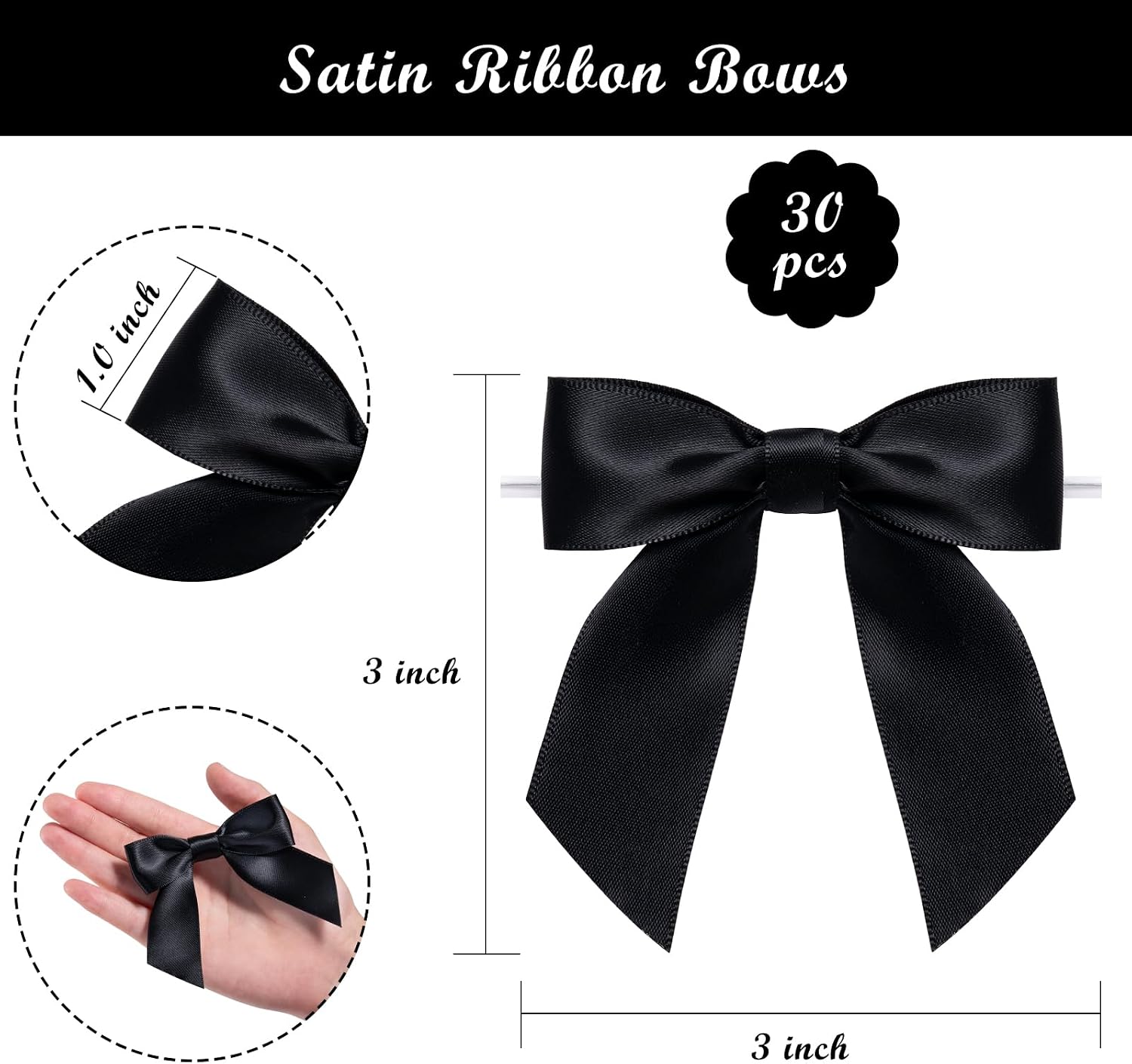 WRAPAHOLIC 30 Pcs 3" Black Satin Ribbon Bows with Twist Tie - Pretied Premade Craft Bows for Christmas Party Crafts Treat Bags Gift Wrapping Wedding Birthday Baby Shower image 2