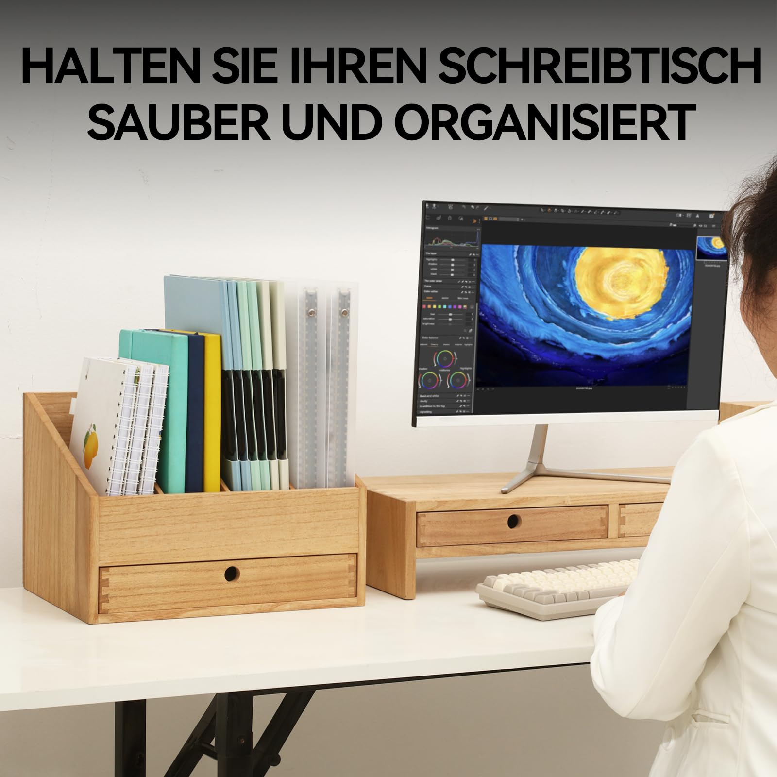 KIRIGEN Holz Schreibtisch-Organizer mit 4 Fächern und Schublade – Holz Briefablage Dokumentenhalter und Aktenhalter für Büro, Zuhause und Schule natürliche Farbe