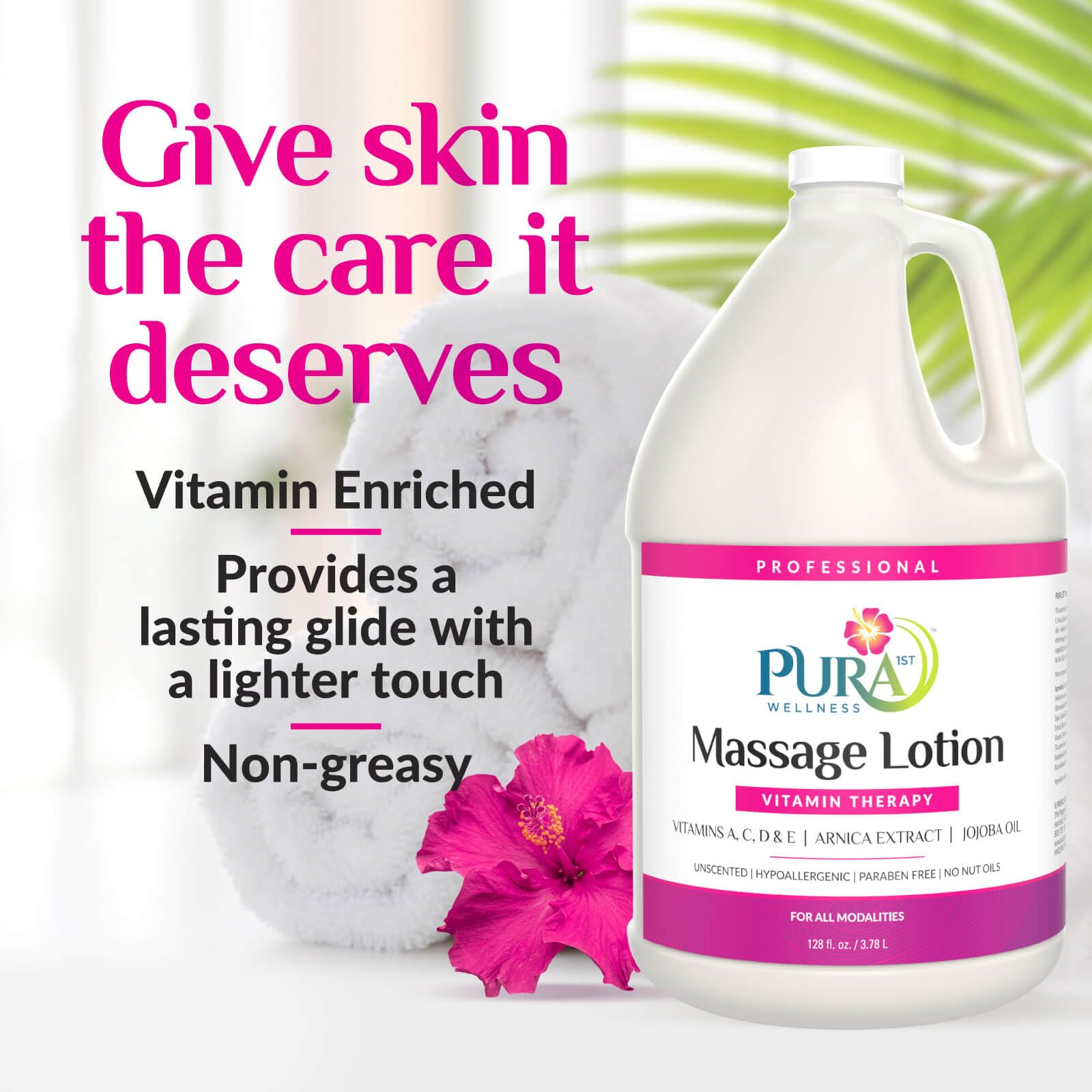 PURA 1ST Professional Vitamin Therapy Massage Lotion, Arnica & Jojoba Extract, Unscented, Hypoallergenic, Natural, Skin Moisturizing, Hydrating, Deep Tissue, Wellness, Physical Therapy, 128oz Bottle