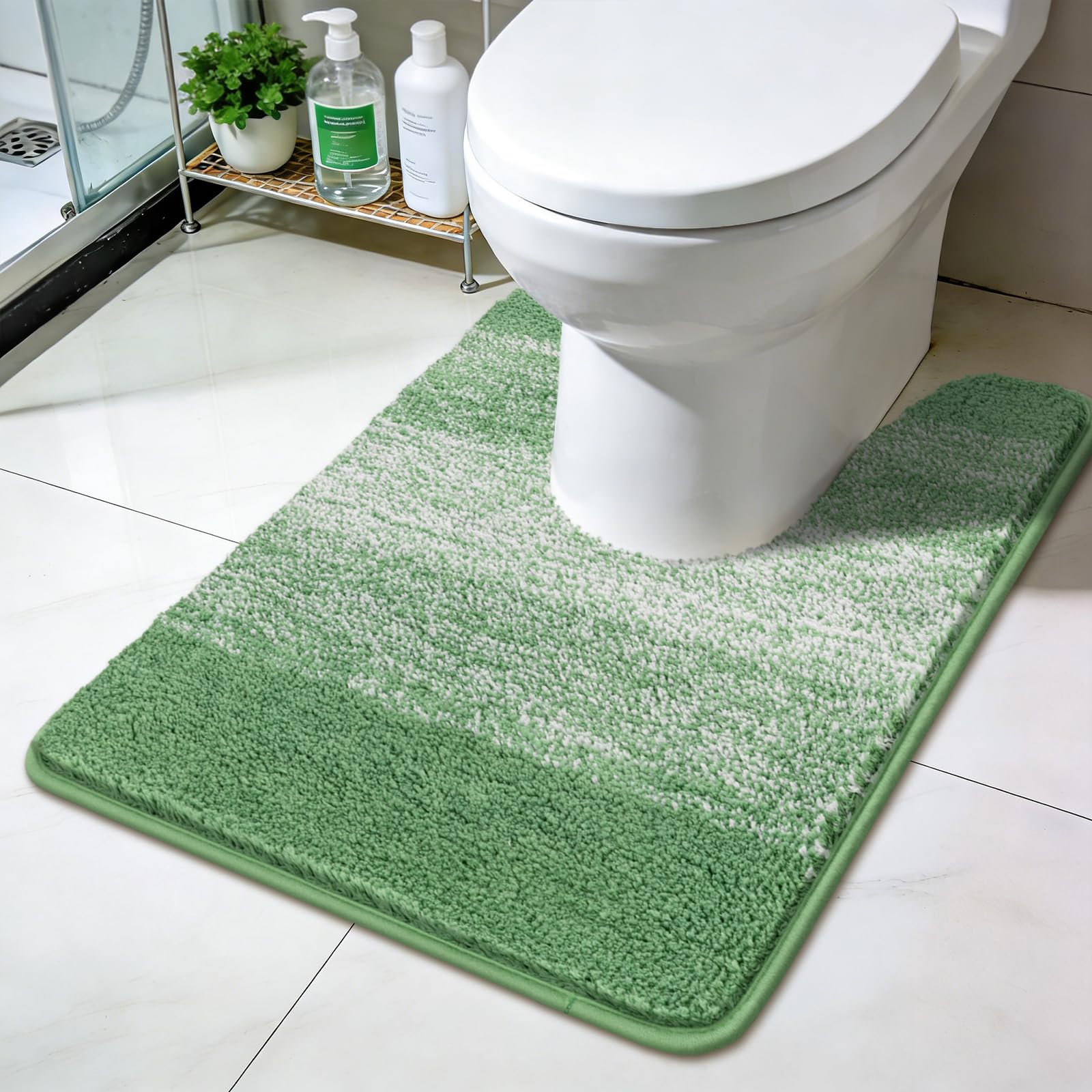 Enyhom Absorbent Toilet Mat 50 x 60 cm, Microfibre Non Slip U-shape Toilet Mat Pedestal Only, Machine Washable Quick Dry Bathroom Pedestal Mat for Toilet, Super Thick Shaggy Toilet Rug, Green