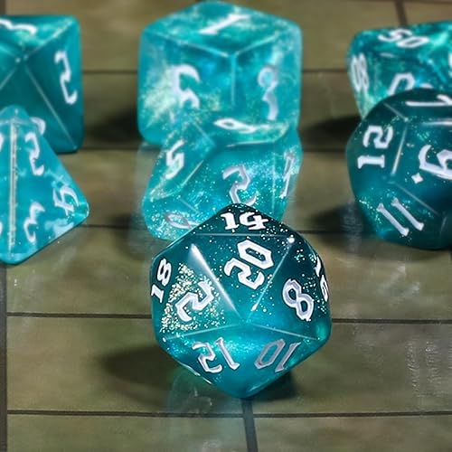 Miniatura 3 de CiaraQ DND - Juego de dados poliédricos para juegos de rol de Dungeons and Dragons RPG MTG, con 1 bolsa de dados (aguamarina + brillantina)