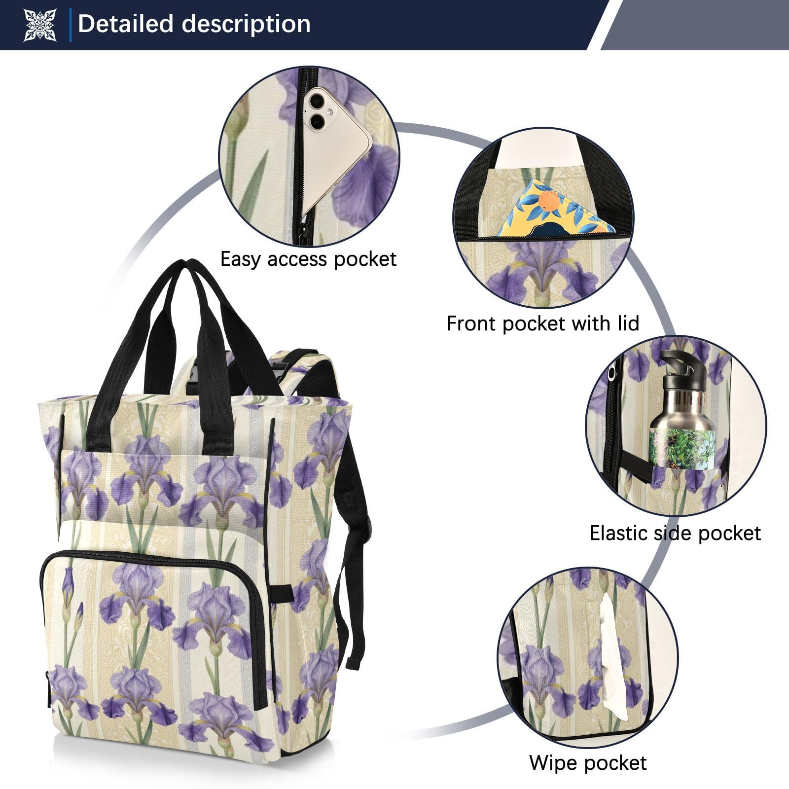 Baby Girl Boy Borsa per pannolini per papà mamma vintage viola iris fiore