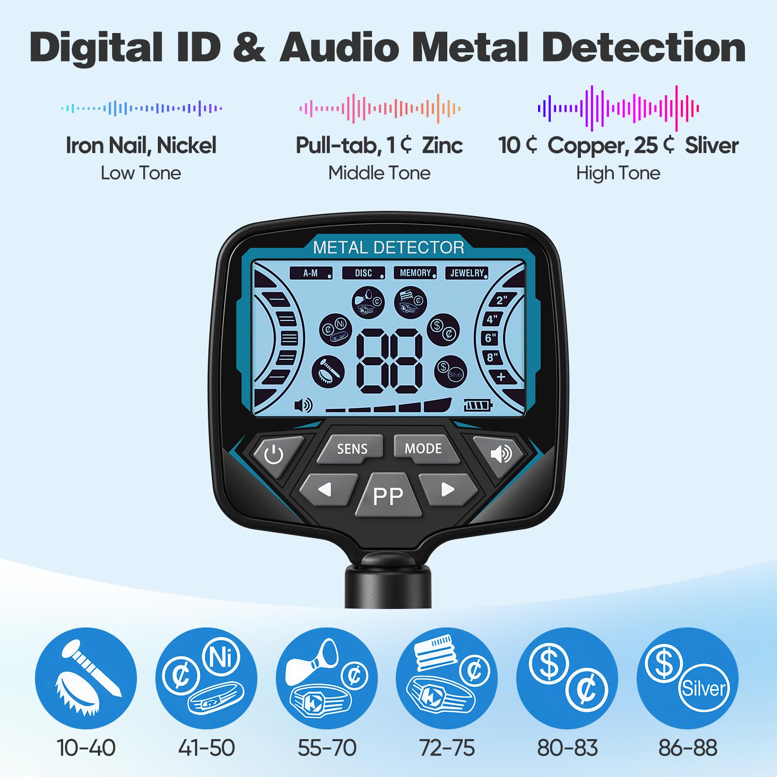 Jradse - Rilevatore di metalli, bobina completamente sommersa IP68 da 10,2 pollici, schermo LCD intelligente, lunghezza regolabile da 74 a 138 cm, kit completo di accessori, adatto per bambini e