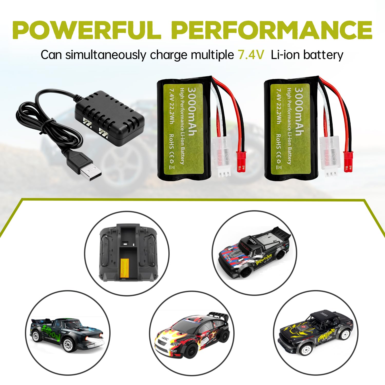 2PCS 7.4V 3000mAh Li-ion Battery With Charger For RC Cars & Vehicles