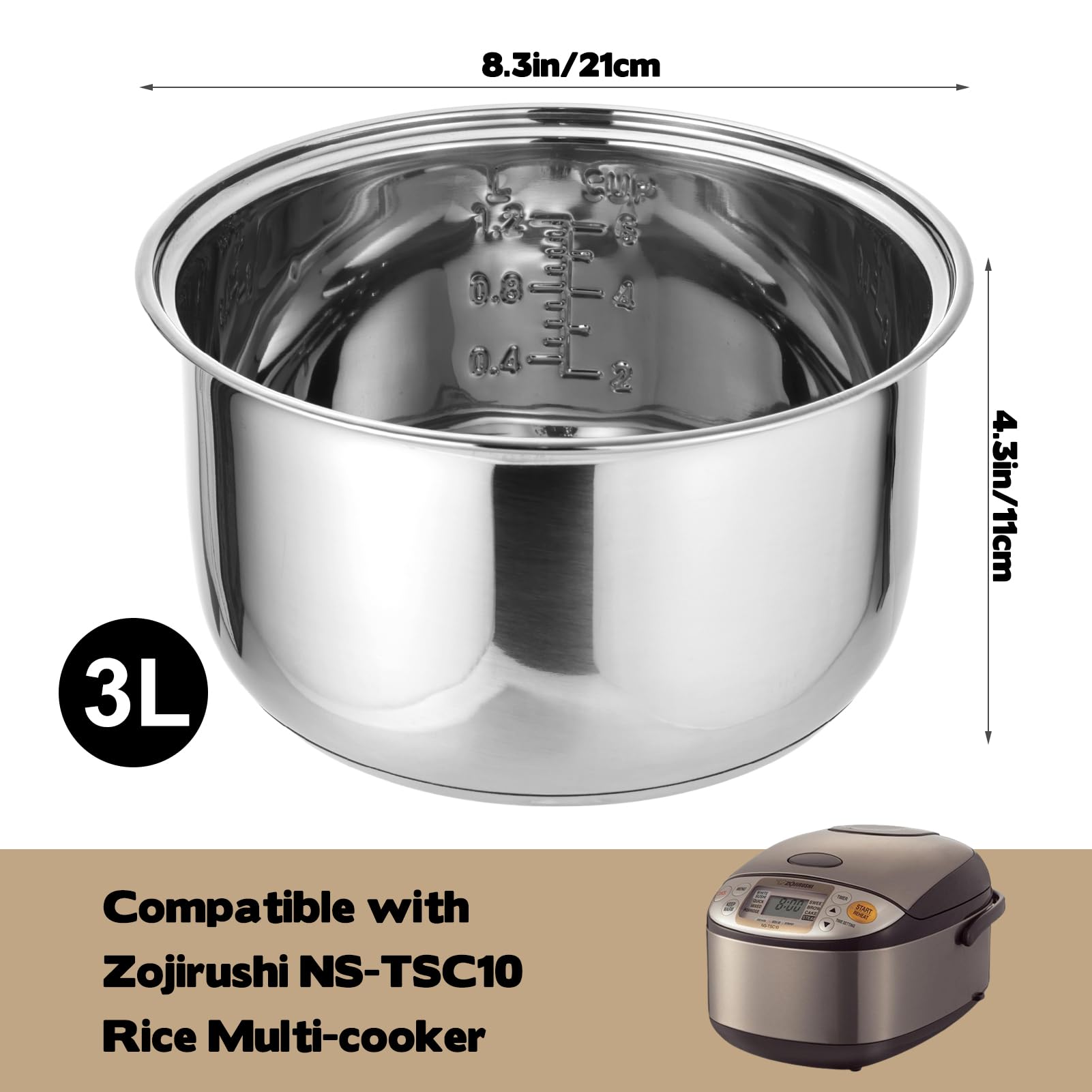 Pot intérieur en acier inoxydable 304 de 3,17 l compatible avec Zojirushi NS-TSC10 multi-cuiseur à riz (5,5 tasses) pour cuiseur à riz de cuisine