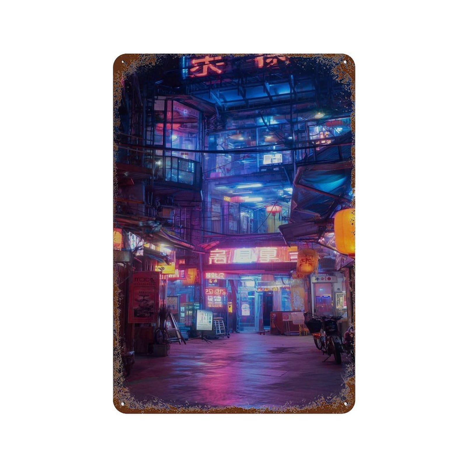 xiaoxiaoshen Cyberpunk Neon City – Futuristic Street Scene Urban Night Alleyway Modern Aesthe Wall Decor Art Metal Tin Poster Modern Home Decor Art Home Bar Shop Decorations Vintage Sign 30x20cm