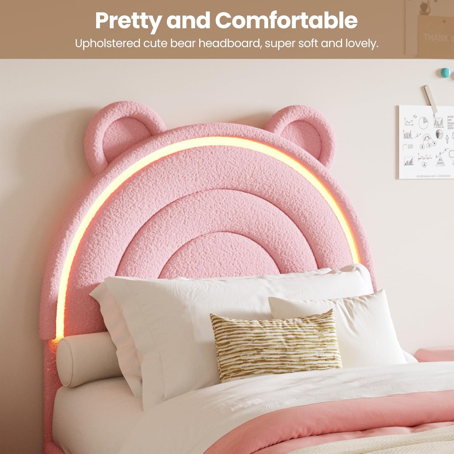 Garvee Princess Twin Size Bed Frame with 2 Storage Drawers & LED Lights, Velvet Upholstered Platform Bed with Rainbow Headboard for Kids/Girls, Solid Wood Slats Support, No Box Spring Needed, Pink - Image 9