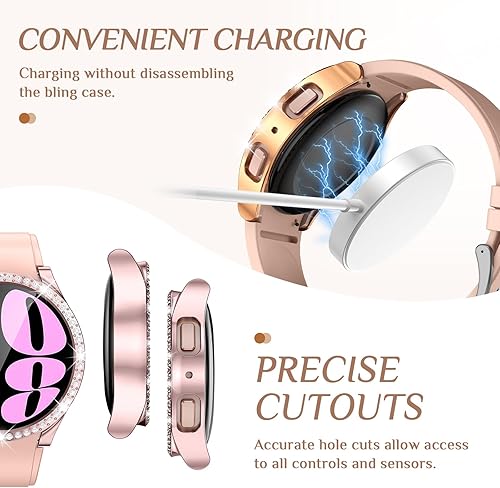 Miniatura 6 de Goton Paquete de 3 fundas brillantes para Samsung Galaxy Watch 6, protector de pantalla de 1.575 pulgadas, vidrio templado con purpurina de diamante