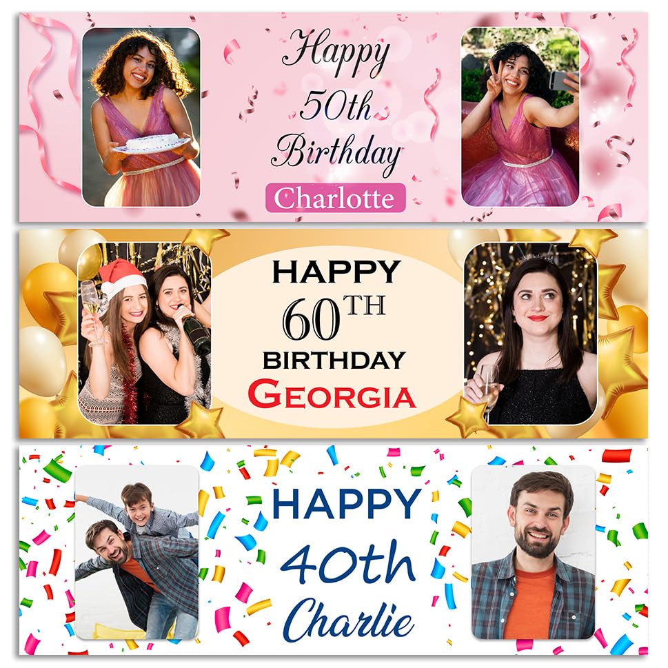 Personalised Happy Birthday Banner 5ft x 2ft Custom Photo Image Name Banners 18th 21st 30th 40th 50th 60th Decorations For Him Her (5ft x 2ft Banner)