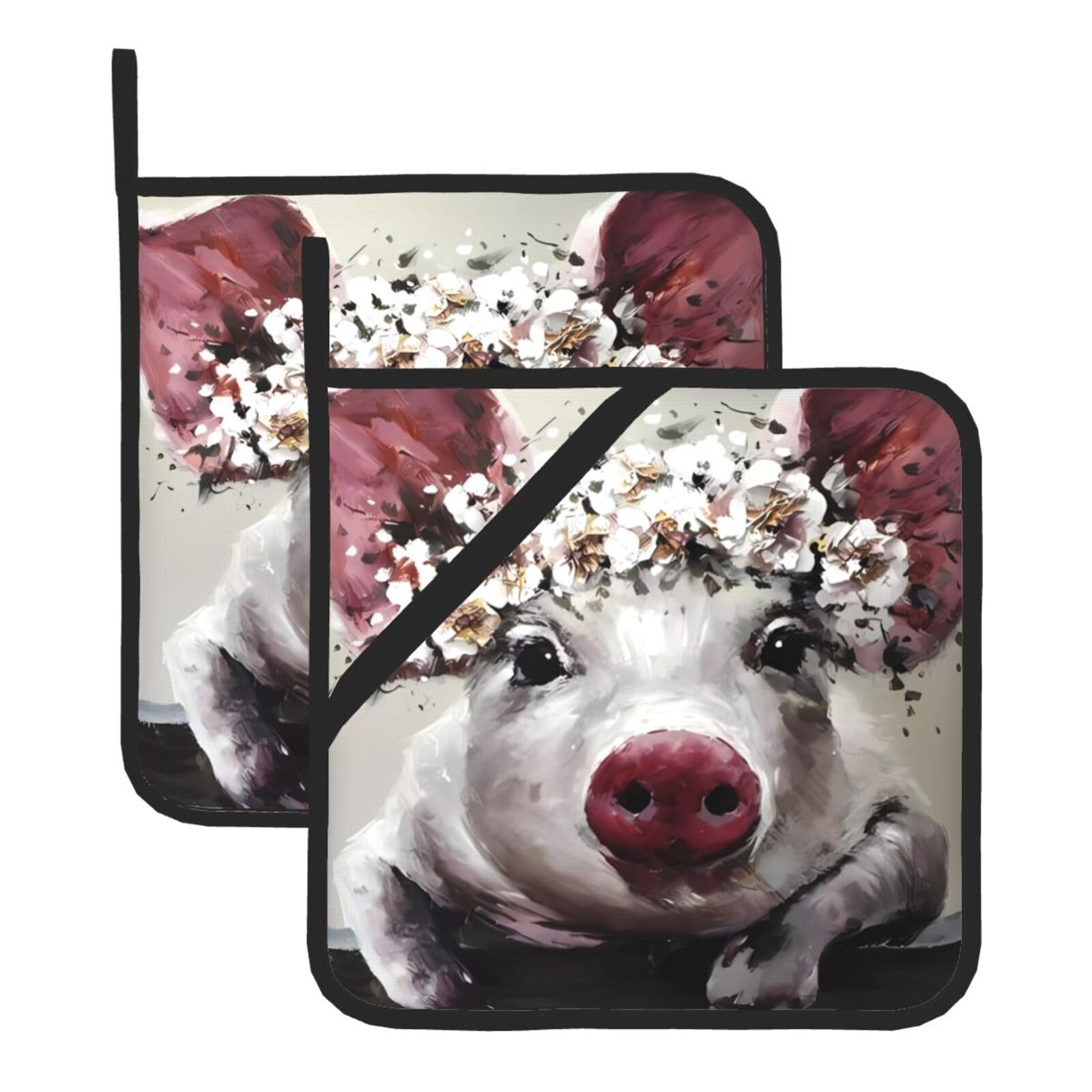 Hjfczh Black Flower Pig Prints Square Hot Pads Set Of 2 - Waterproof Kitchen Covers For Pots & Pans, Heat Resistant Layers With Hanging Loop - Great For Oven & Bbq