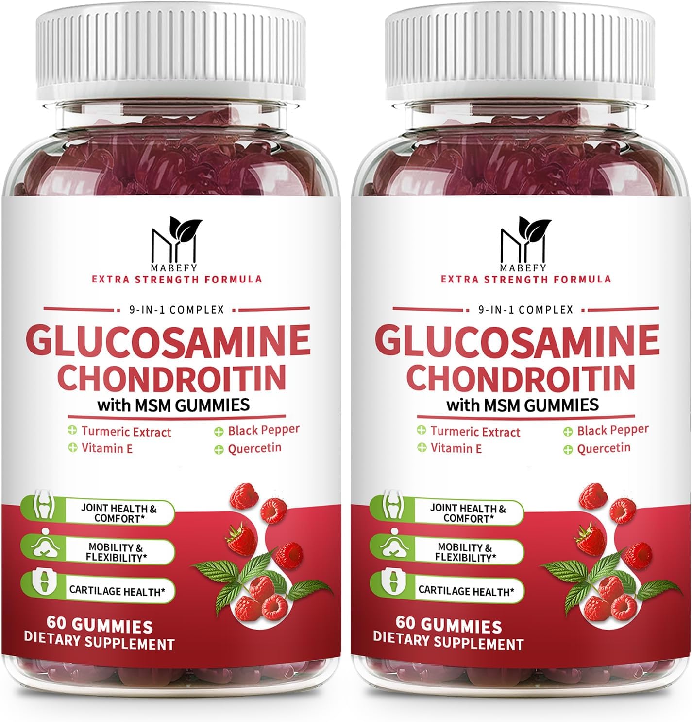 2 Pack Glucosamine Chondroitin Gummies, Glucosamine 1000mg, Chondroitin 750mg with MSM, Turmeric, Quercetin, Vitamin E, Calcium - Joint Health Support Supplement for Men & Women, Raspberry