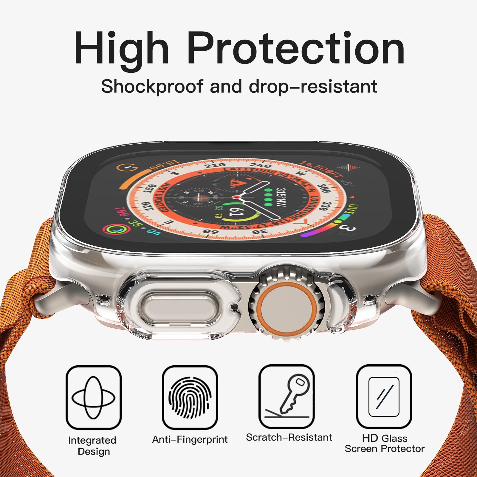 JETech Cover con Pellicola Protettiva per Apple Watch Ultra 3/2/1 49mm, Custodia Protettiva Complessiva, Pellicola Integrata in Vetro Temperato ad Alta Sensibilità, 2 Pezzi (Trasparente)