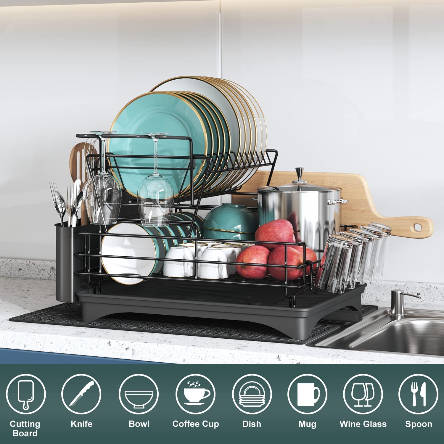 Large Dish Drying Rack with Drainboard Set, Qienrrae Stainless Steel 2 Tier Black Dish Rack with